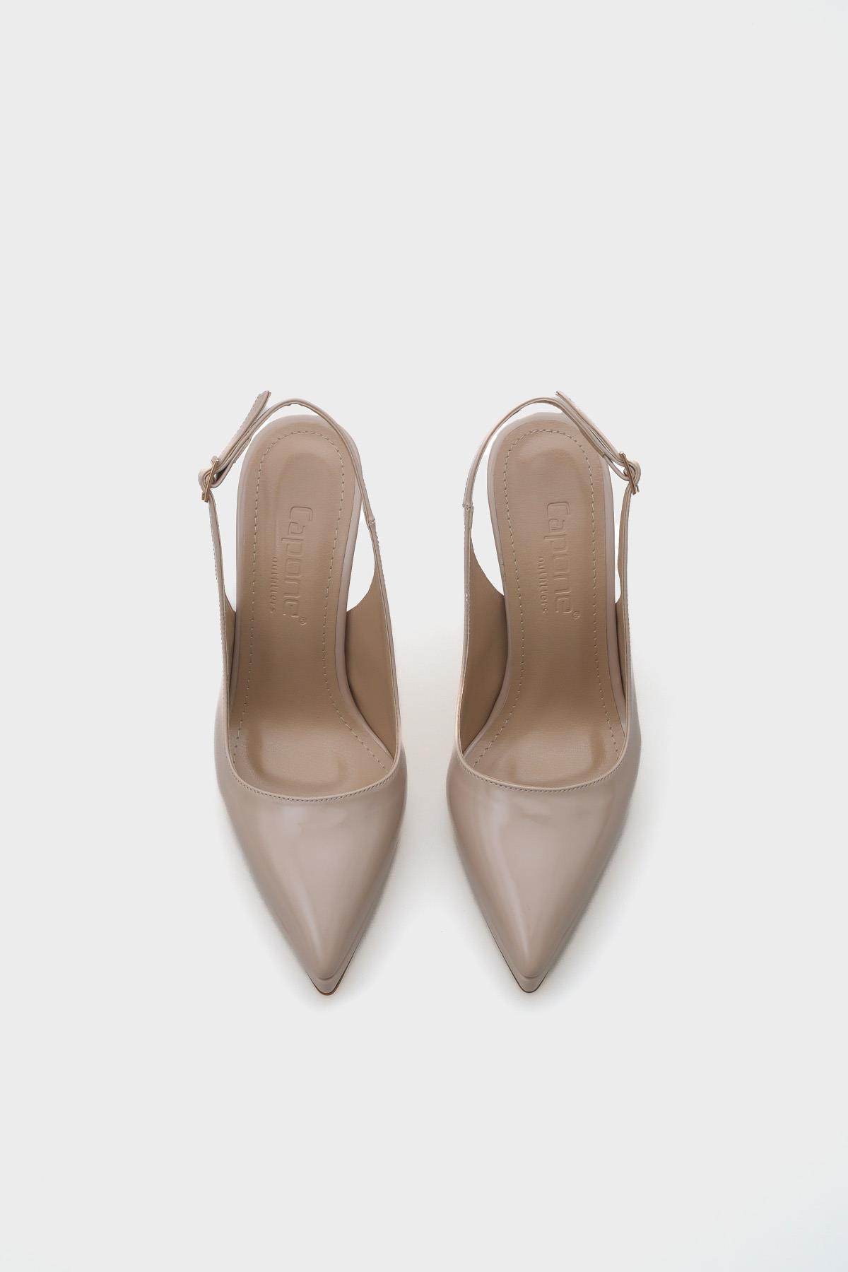 Capone Open Back Pointed Toe High Heeled Women Patent Beige Platform Shoes
