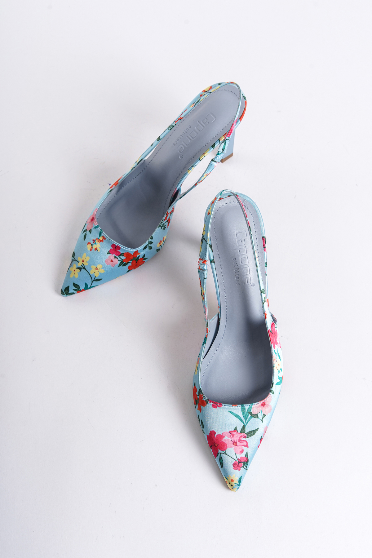 Capone Open Back Pointed Toe High Heeled Flower Patterned Women Blue Shoes