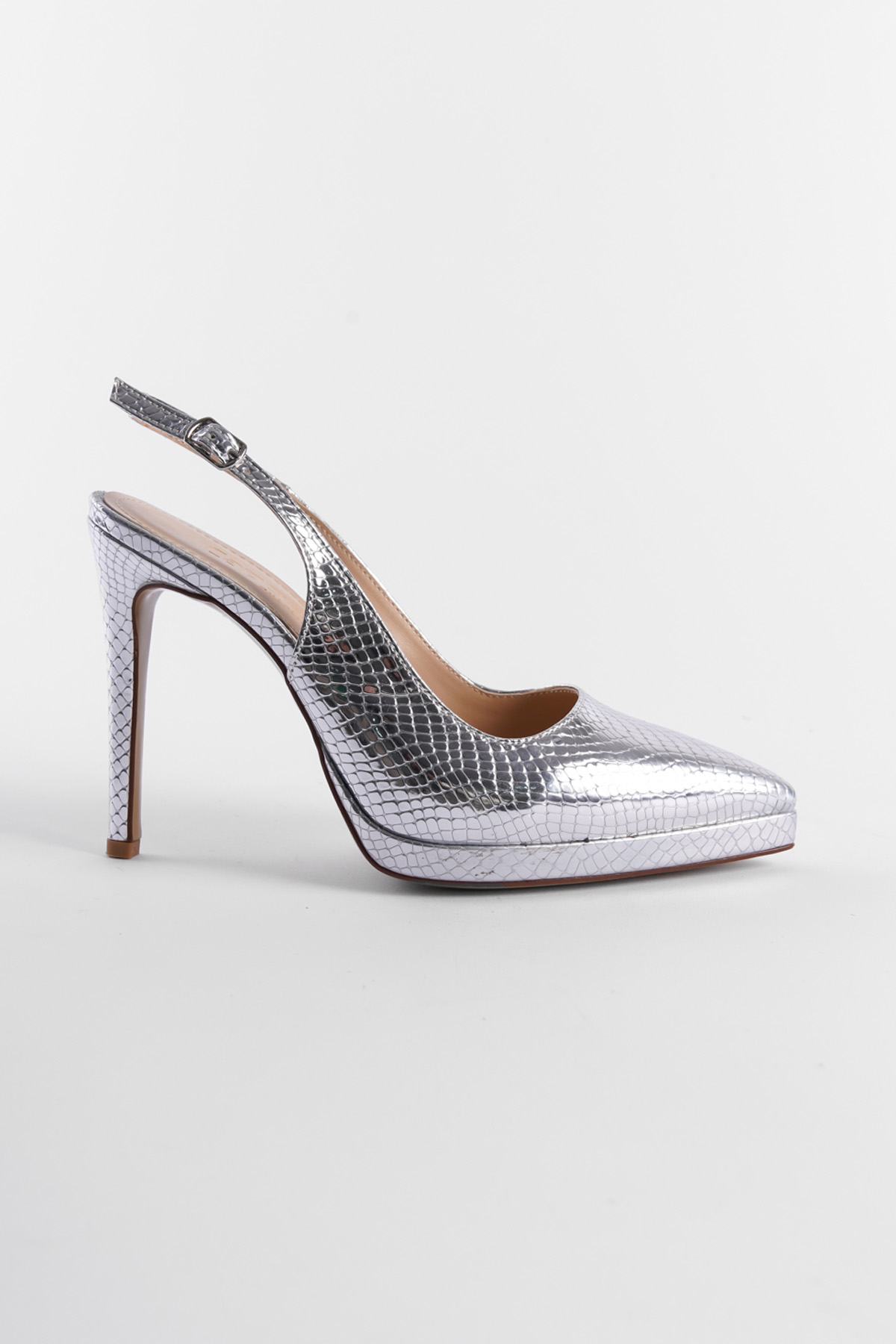 Capone Open Back Pointed Toe High Heeled Women Metallic Silver Platform Shoes