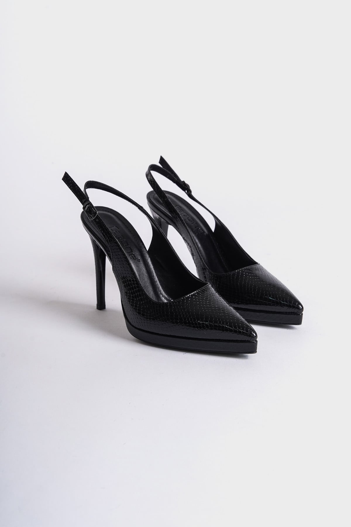 Capone Open Back Pointed Toe High Heeled Women Metallic Black Platform Shoes