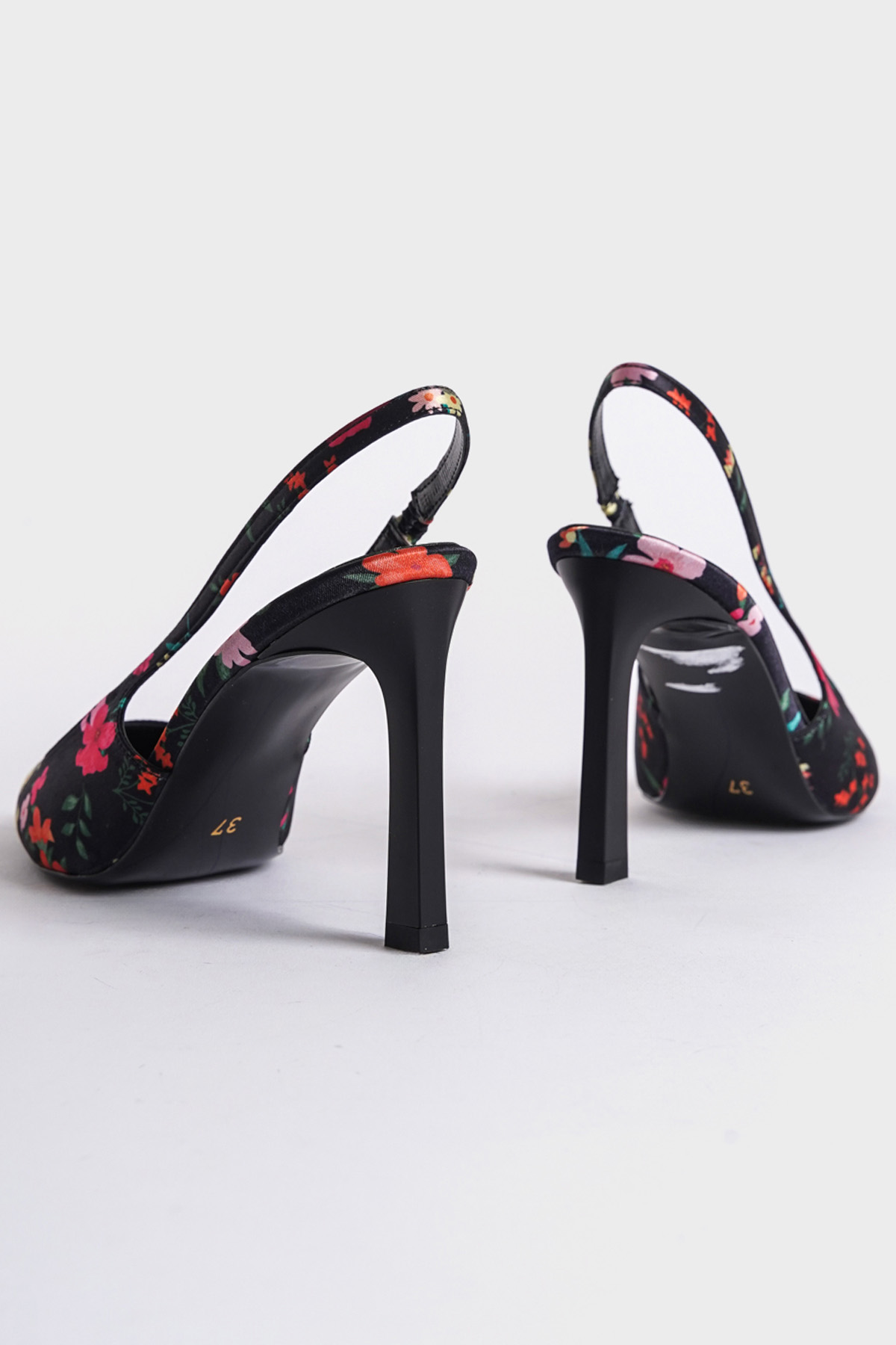 Capone Open Back Pointed Toe High Heeled Flower Patterned Women Black Shoes