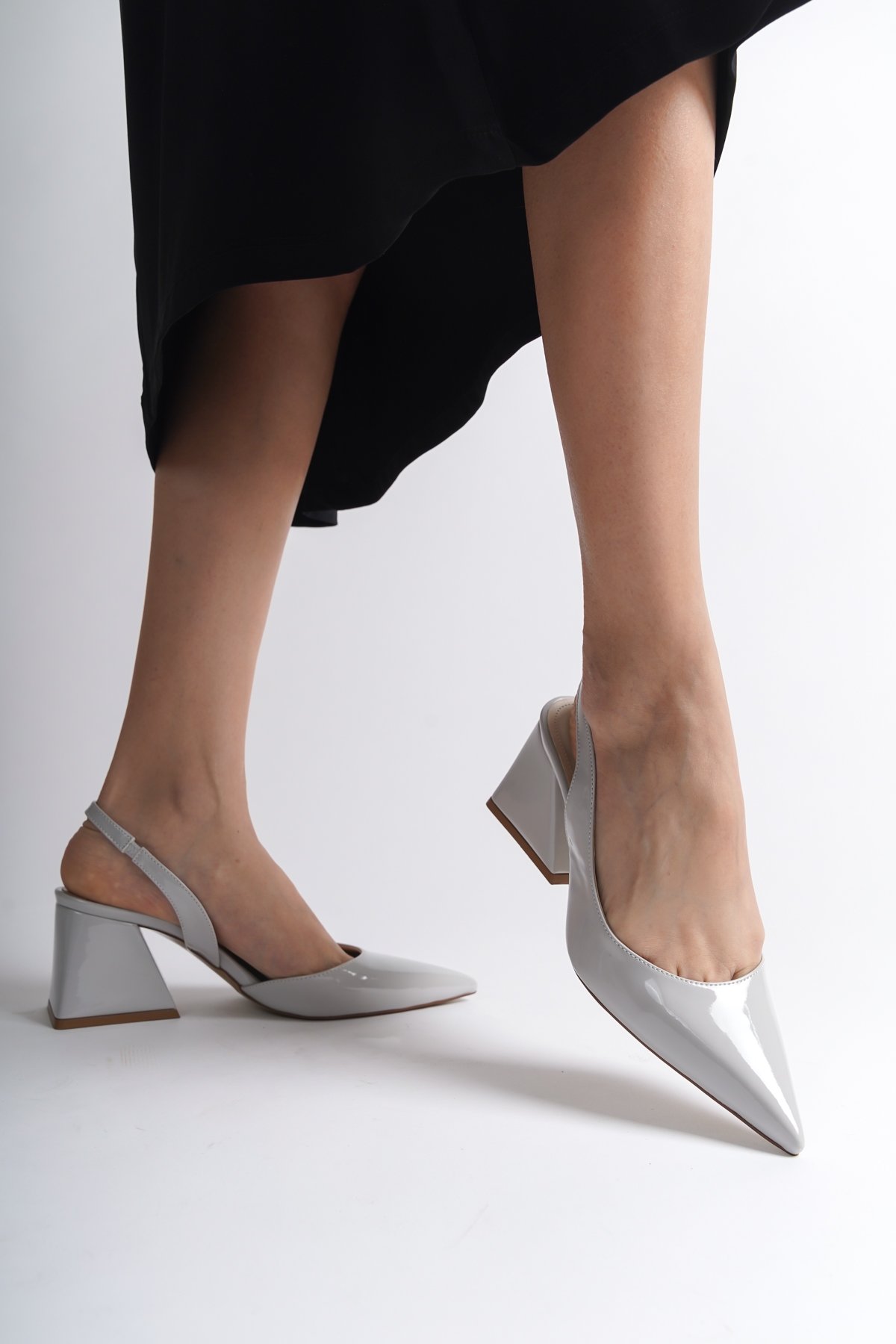 Capone Open Back Pointed Toe Mid Heel Patent Leather Women Grey Shoes