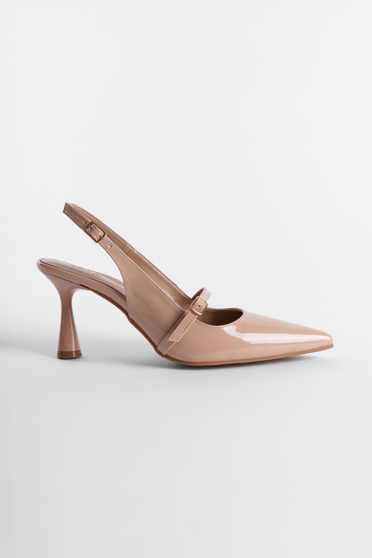 Capone Open Back Pointed Toe Mid Heel Belted Patent Faux Leather Women Patent Beige Shoes