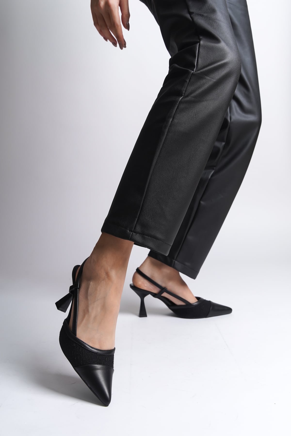 Capone Open Back Pointed Toe Mid Heel Women Black Shoes
