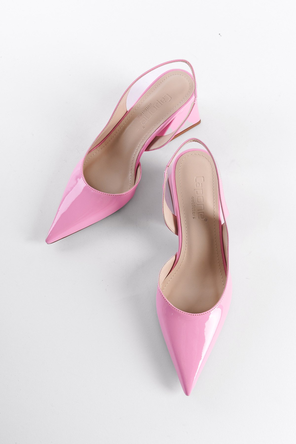 Capone Open Back Pointed Toe Mid Heel Patent Leather Women Pink Shoes