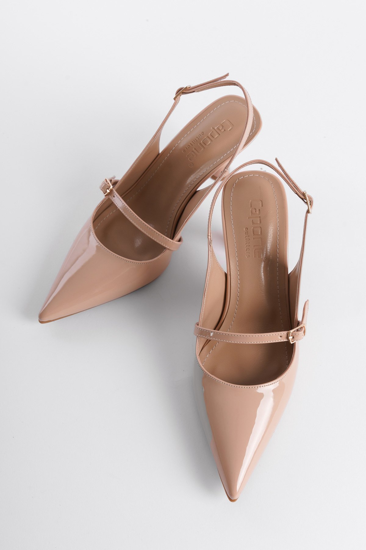 Capone Open Back Pointed Toe Mid Heel Belted Patent Faux Leather Women Patent Beige Shoes