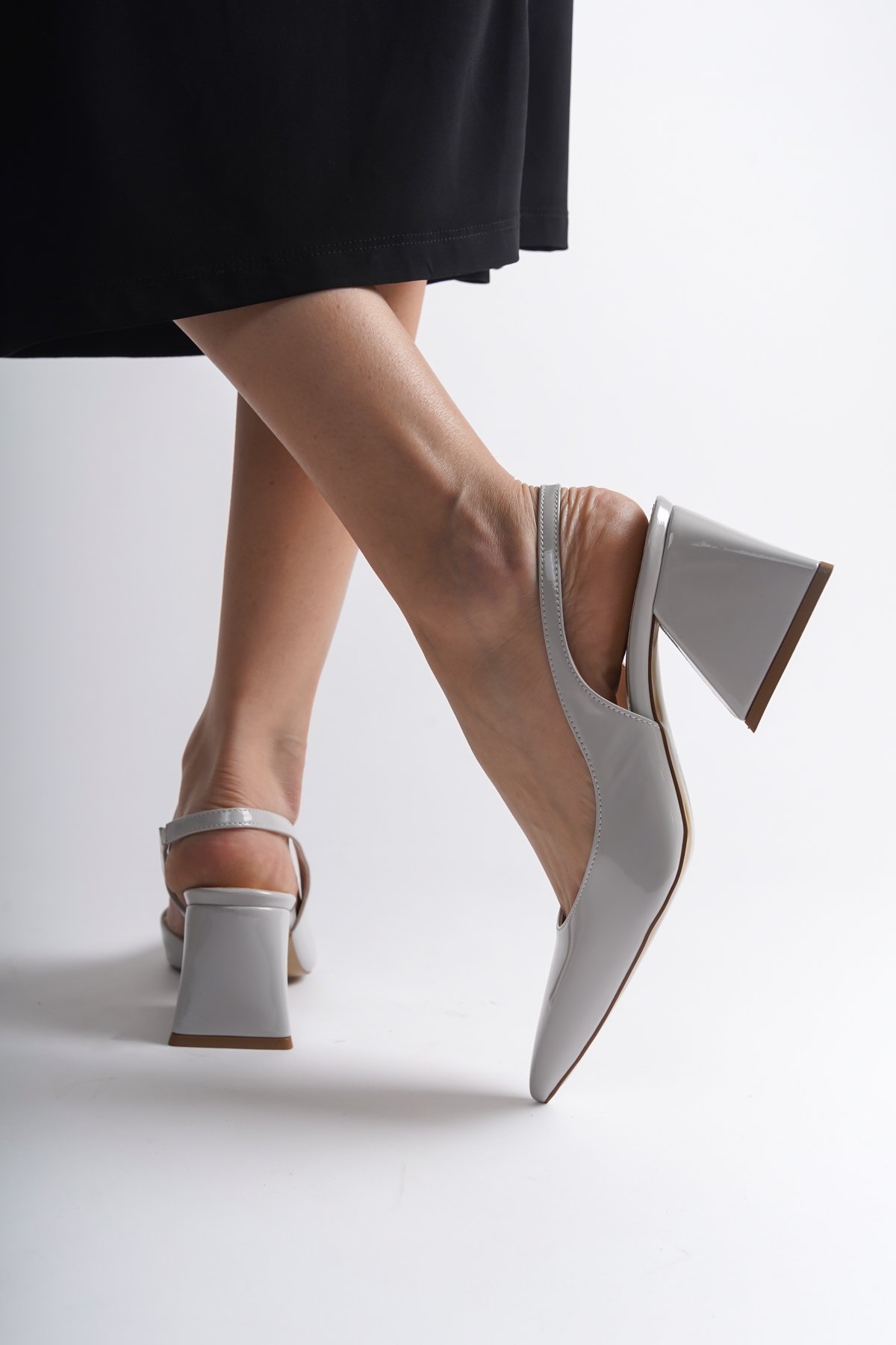 Capone Open Back Pointed Toe Mid Heel Patent Leather Women Grey Shoes