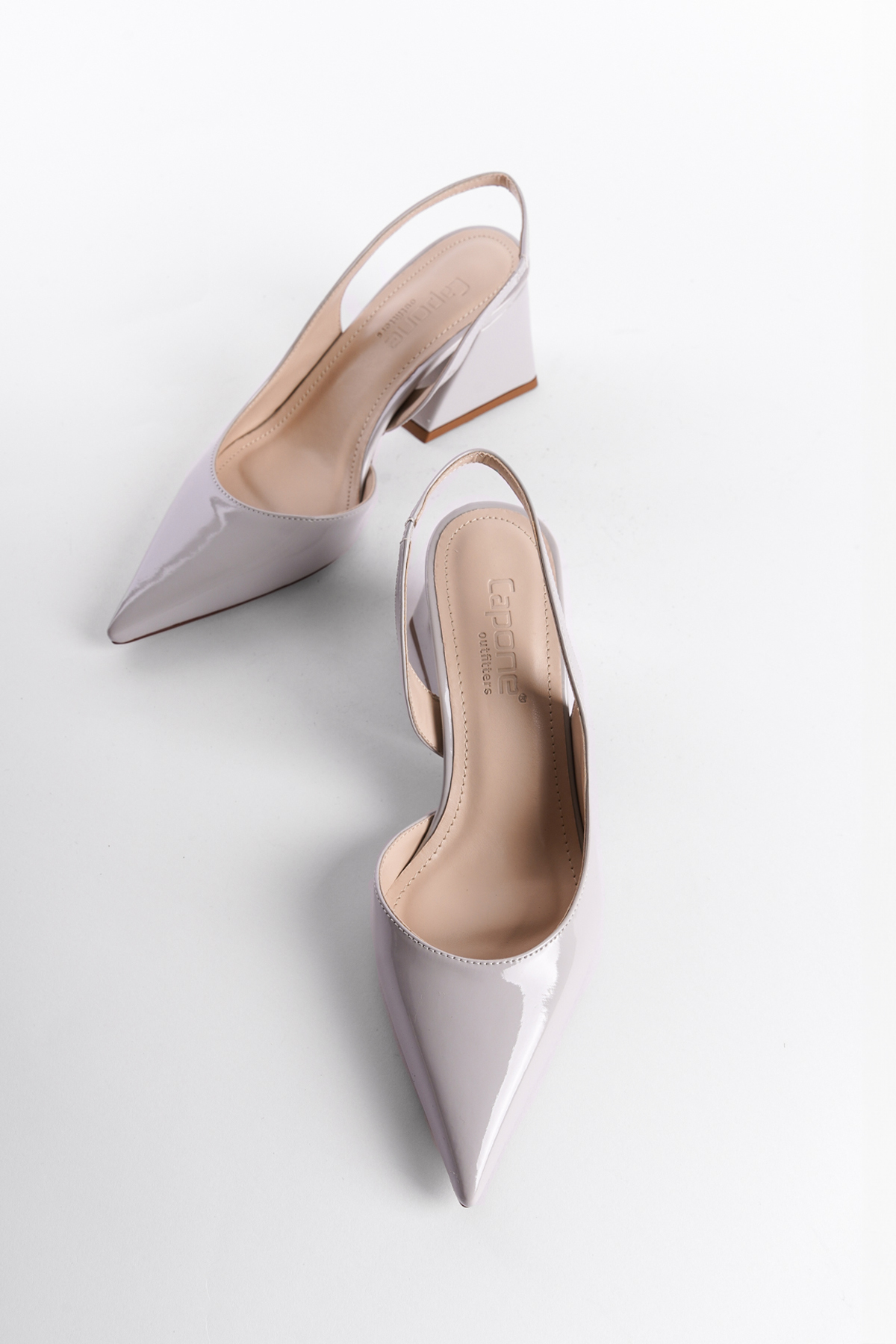 Capone Open Back Pointed Toe Mid Heel Patent Leather Women Grey Shoes