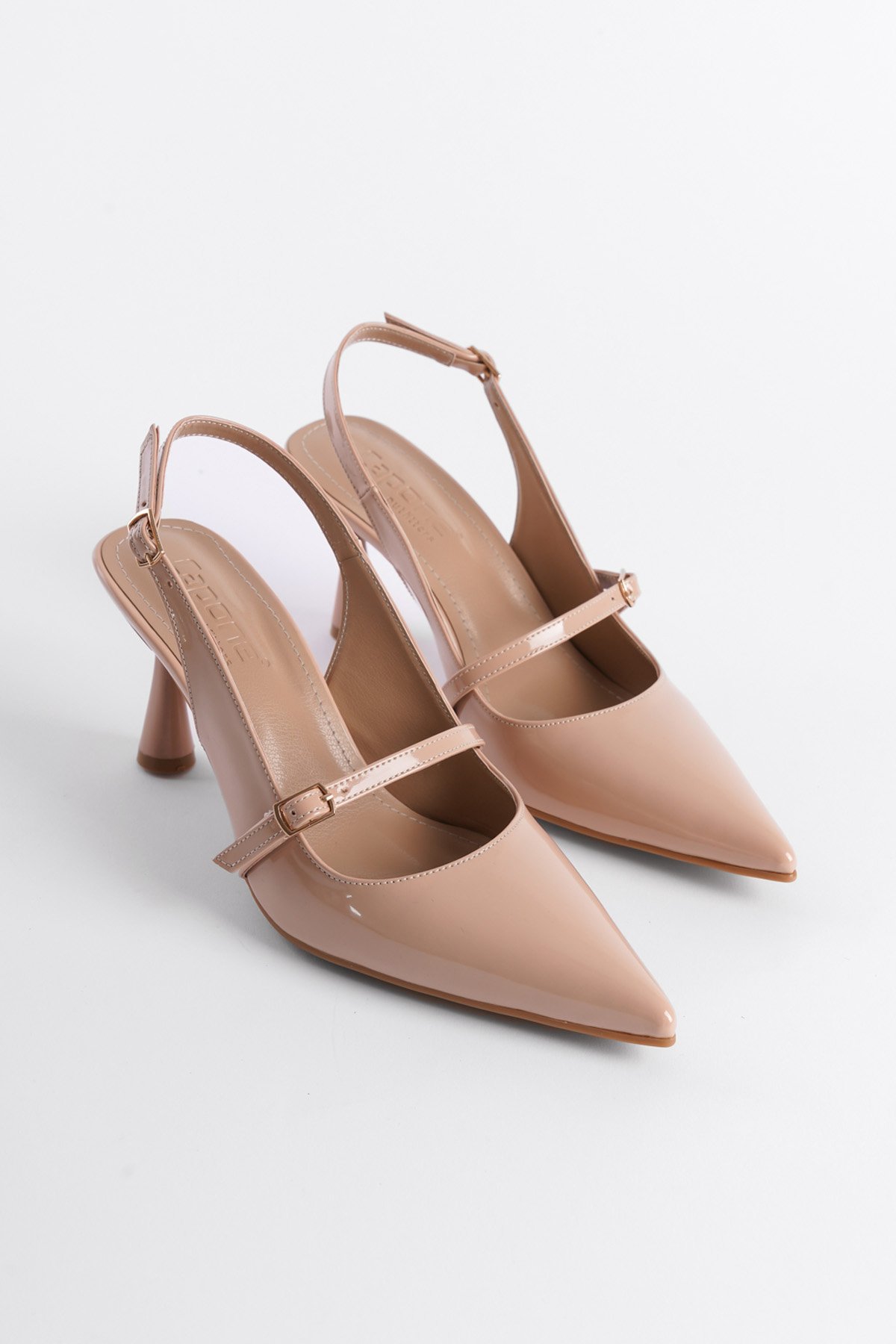 Capone Open Back Pointed Toe Mid Heel Belted Patent Faux Leather Women Patent Beige Shoes
