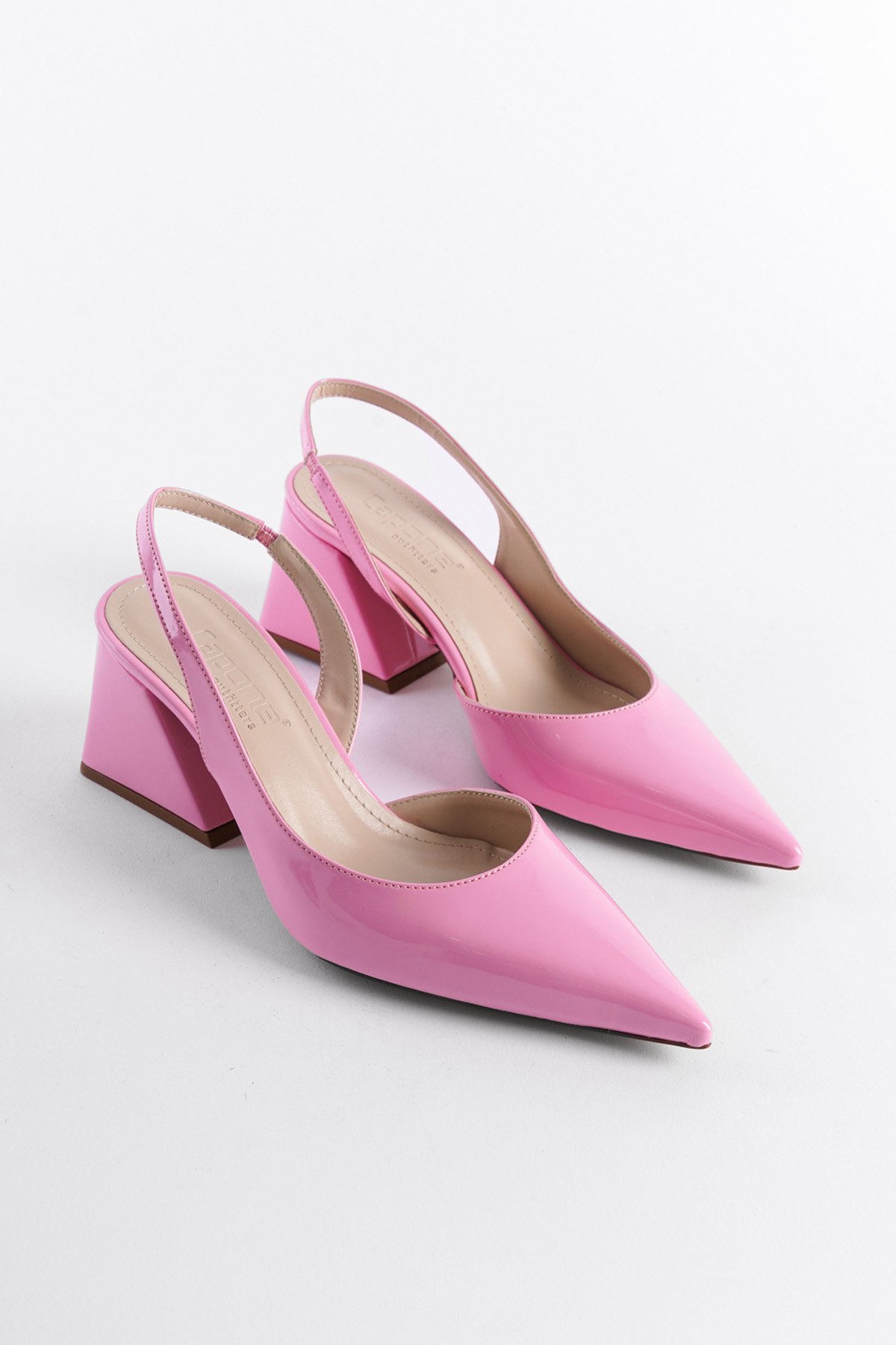 Capone Open Back Pointed Toe Mid Heel Patent Leather Women Pink Shoes