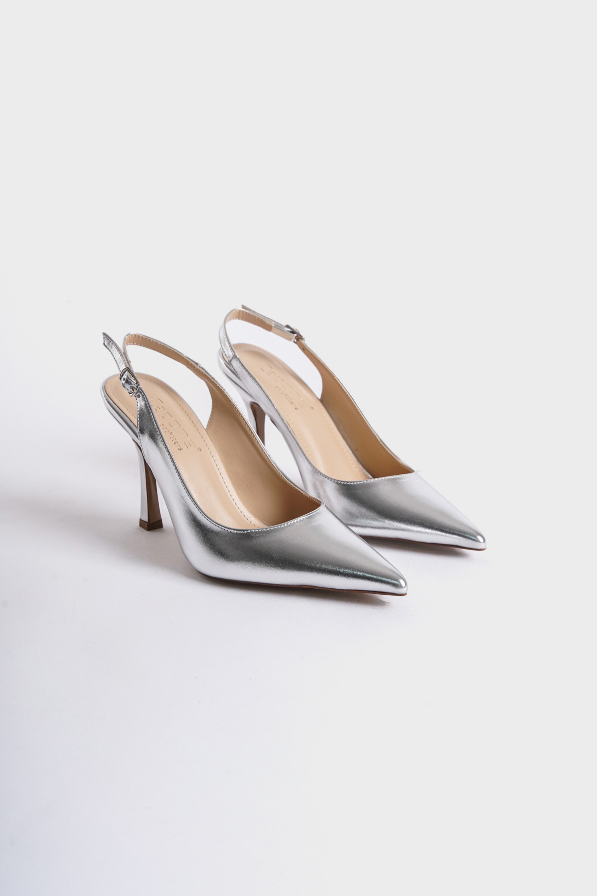 Capone Open Back Pointed Toe Mid Heeled Women Metallic Silver Shoes