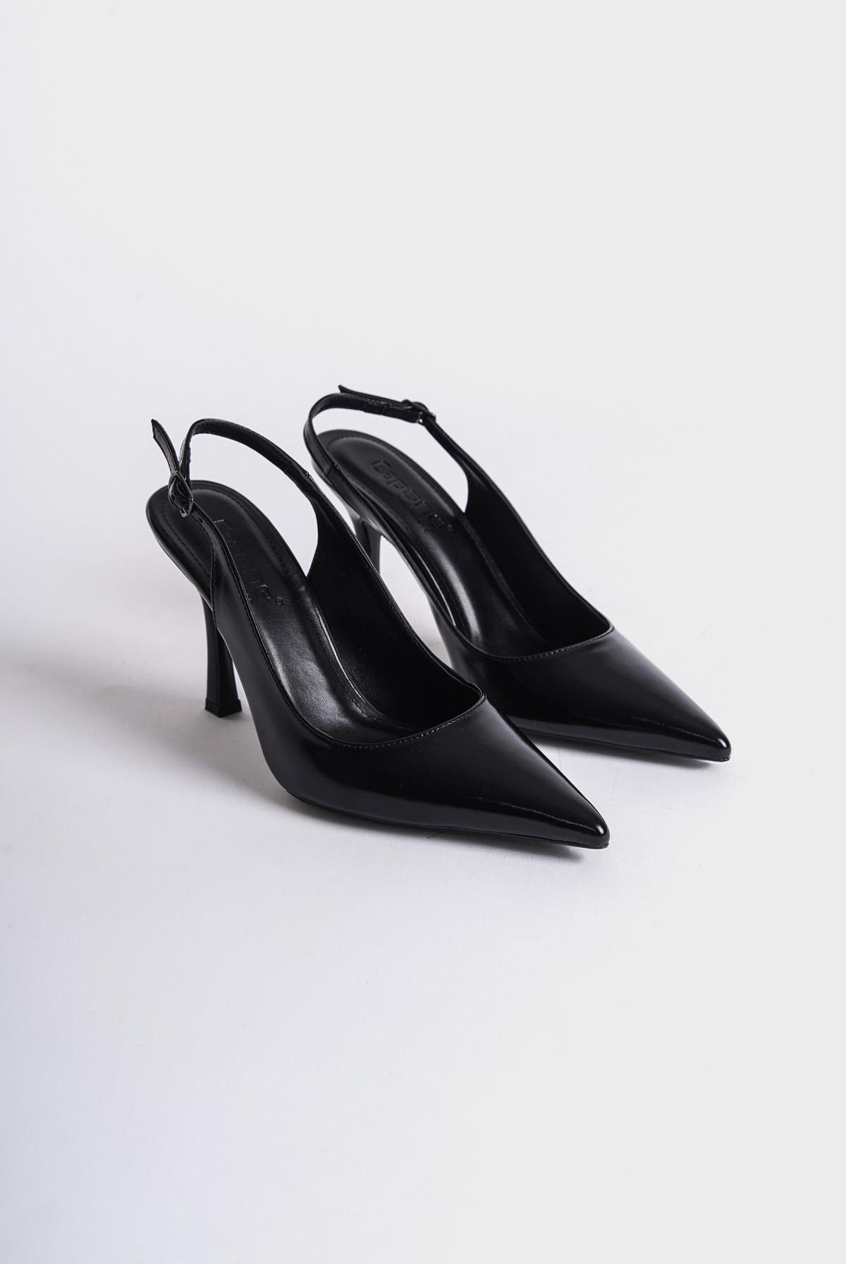 Capone Open Back Pointed Toe Mid Heeled Women Metallic Black Shoes