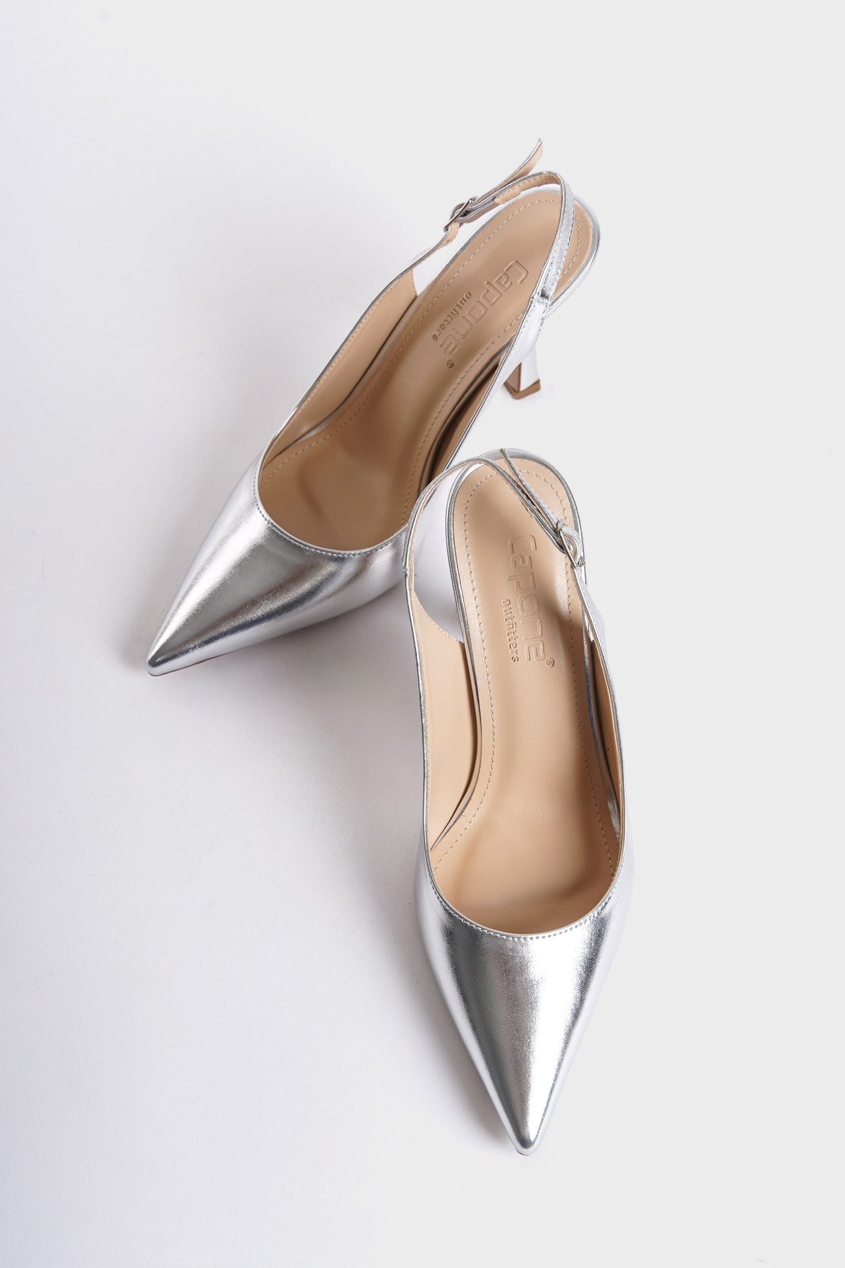 Capone Open Back Pointed Toe Mid Heeled Women Metallic Silver Shoes