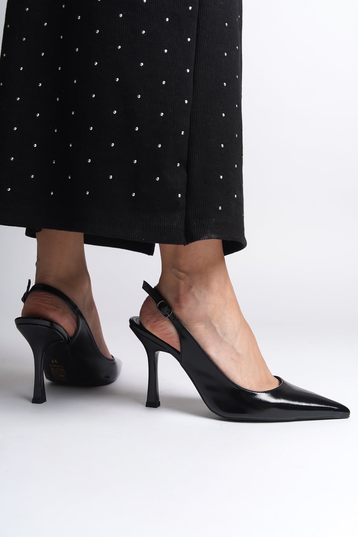 Capone Open Back Pointed Toe Mid Heeled Women Metallic Black Shoes