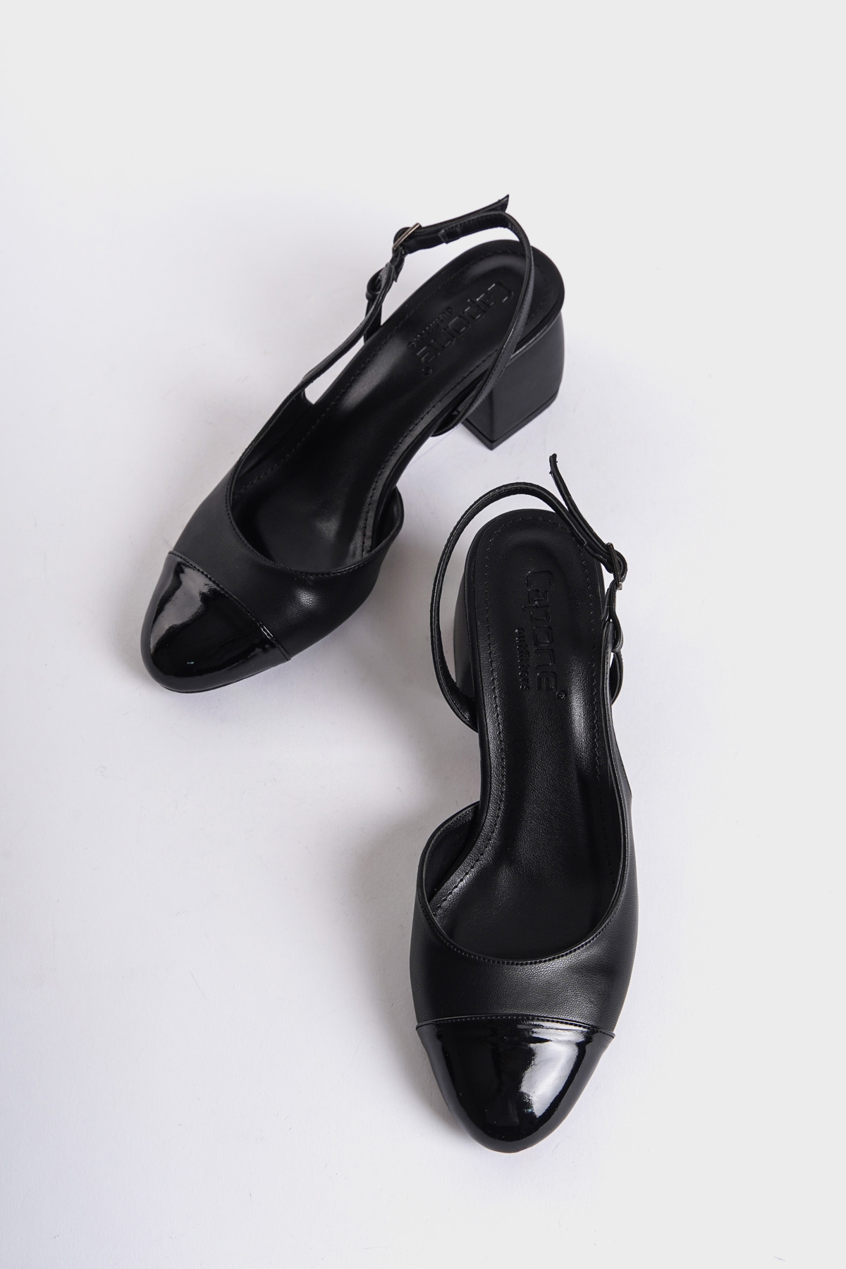 Capone Open Back Round Toe Thick Heeled Women Black Shoes