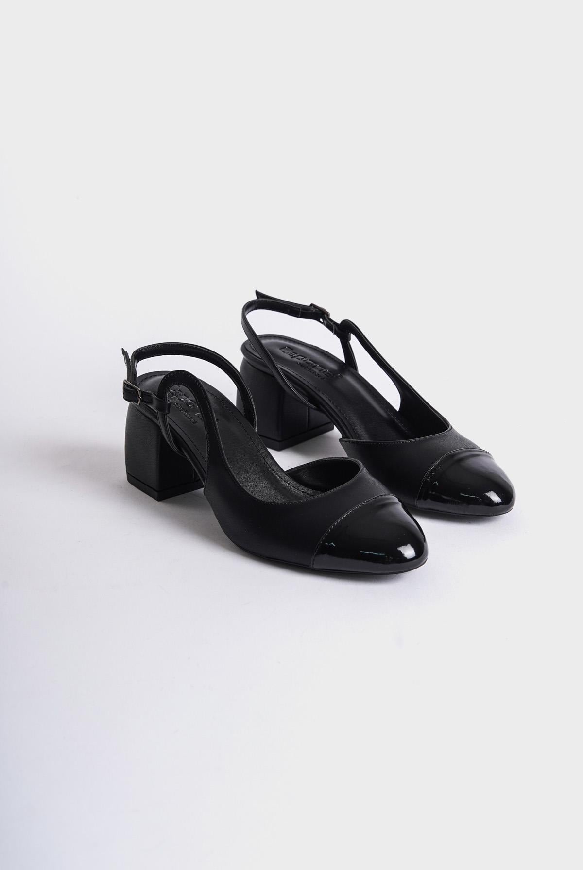 Capone Open Back Round Toe Thick Heeled Women Black Shoes