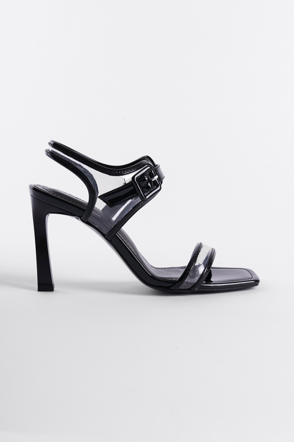 Capone Open Back Transparent Banded Blunt Toe High Heeled Patent Faux Leather Women Patent Black Sandals