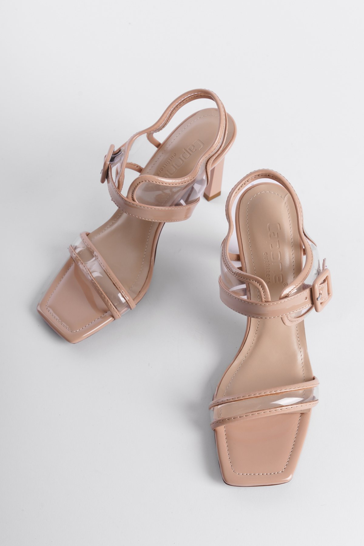 Capone Open Back Transparent Banded Blunt Toe High Heeled Patent Faux Leather Women Patent Beige Sandals