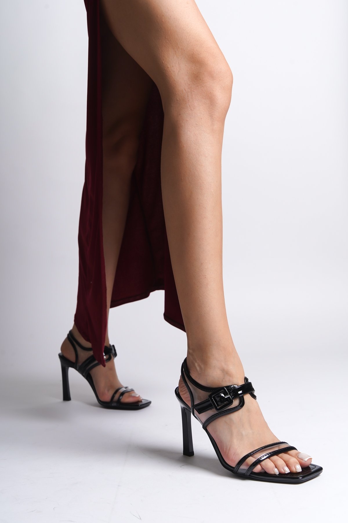 Capone Open Back Transparent Banded Blunt Toe High Heeled Patent Faux Leather Women Patent Black Sandals