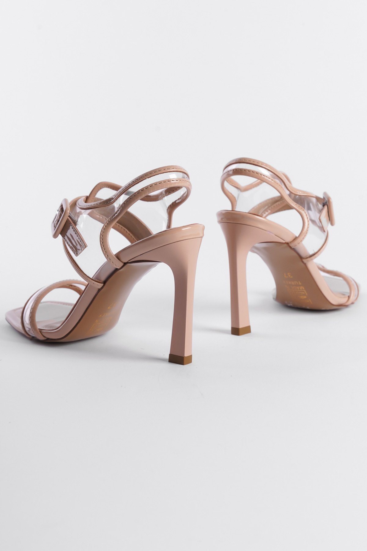 Capone Open Back Transparent Banded Blunt Toe High Heeled Patent Faux Leather Women Patent Beige Sandals