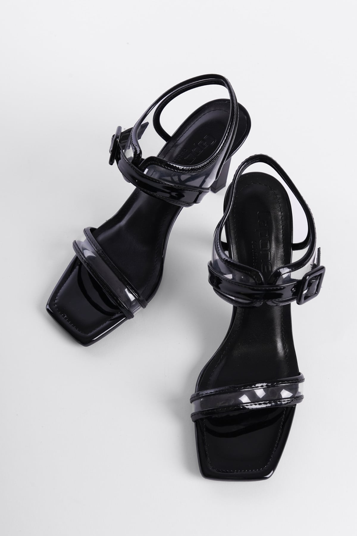 Capone Open Back Transparent Banded Blunt Toe High Heeled Patent Faux Leather Women Patent Black Sandals