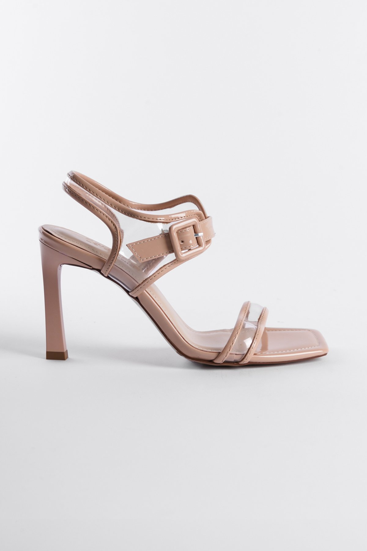 Capone Open Back Transparent Banded Blunt Toe High Heeled Patent Faux Leather Women Patent Beige Sandals