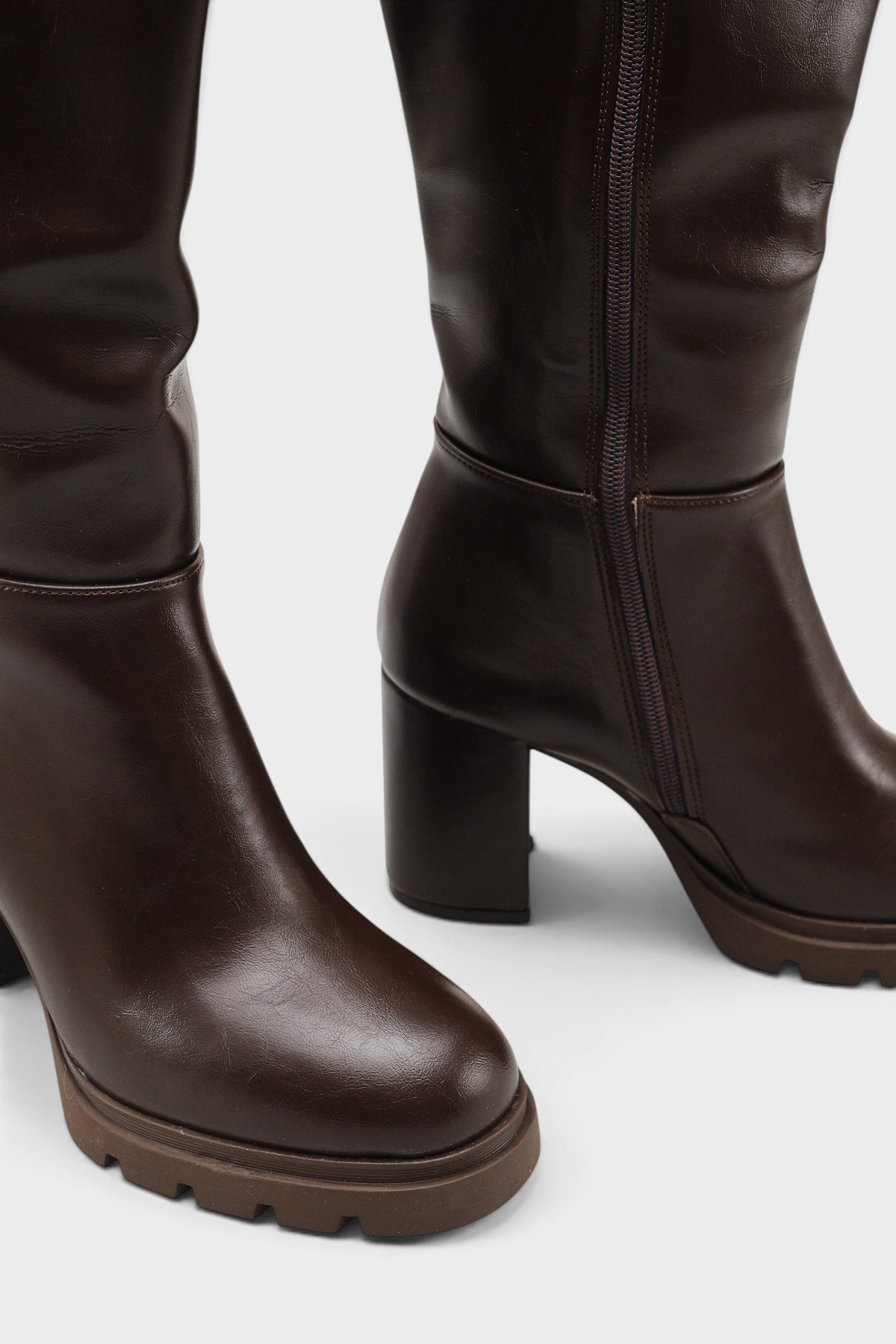 Capone Ophelia Side Zip Round Toe Track Sole Chunky Heel Casual Women Brown Boot