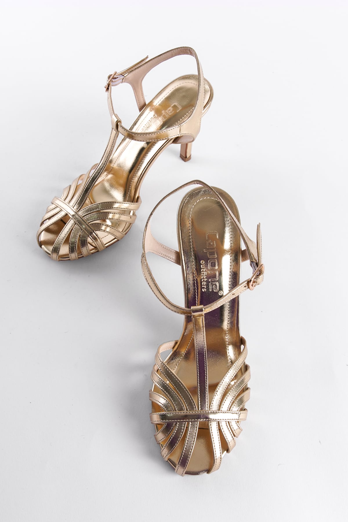 Capone Oval Toe Cage T-Strapped Thin Heeled Women Gold Sandals