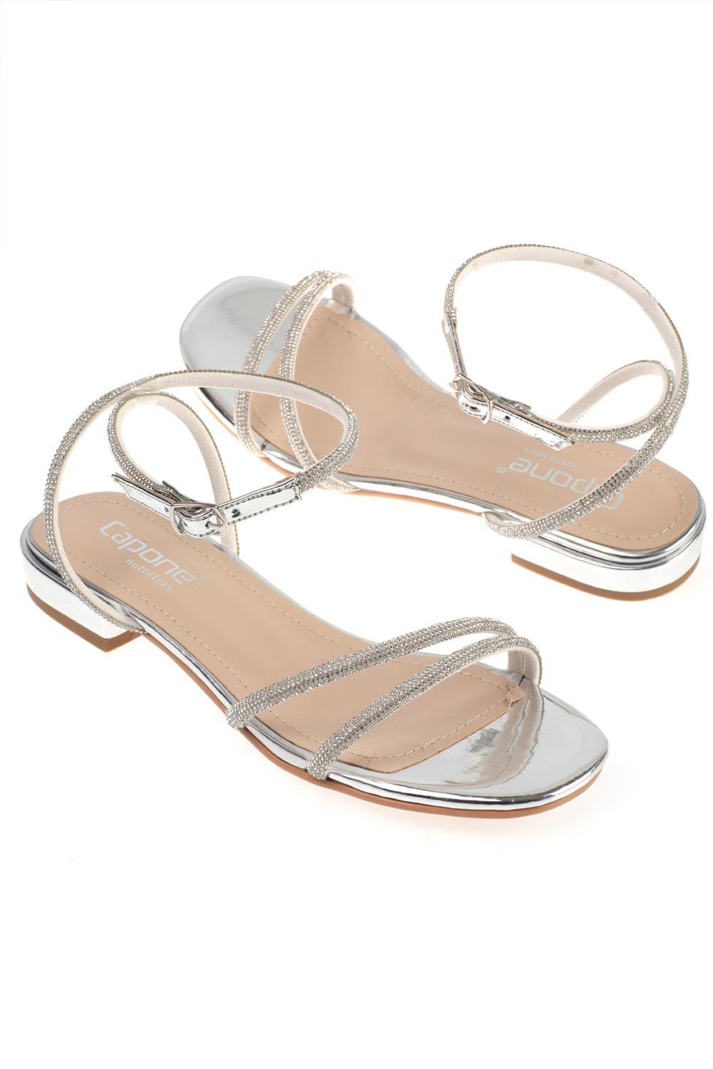 Capone Oval Toe Front Crystal Embellished Two Bands Low Heel Mirror Fabric Woman Sandals