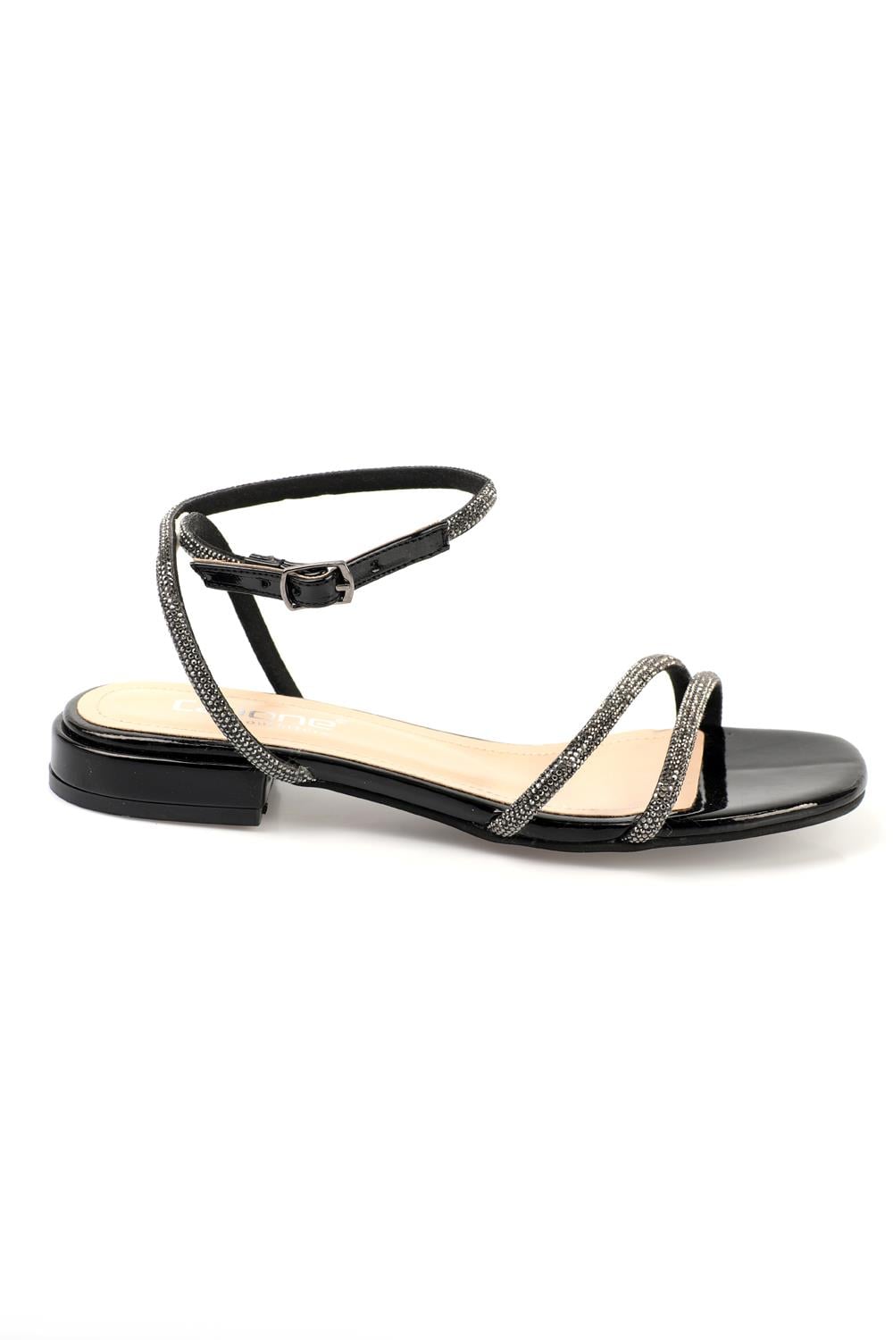Capone Oval Toe Front Crystal Embellished Two Bands Low Heel Rugan Woman Sandals