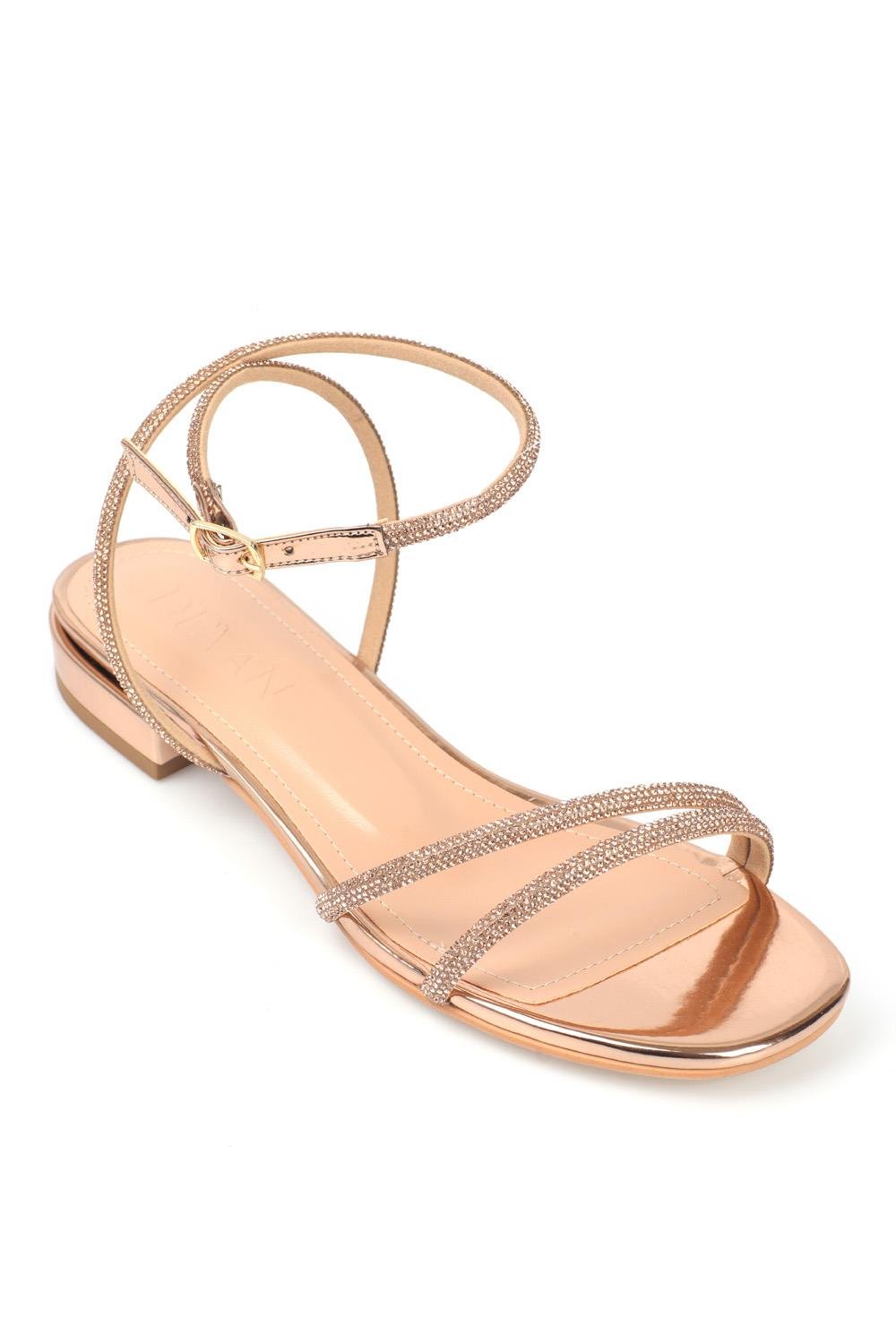 Capone Oval Toe Front Crystal Embellished Two Bands Low Heel Mirror Fabric Woman Sandals