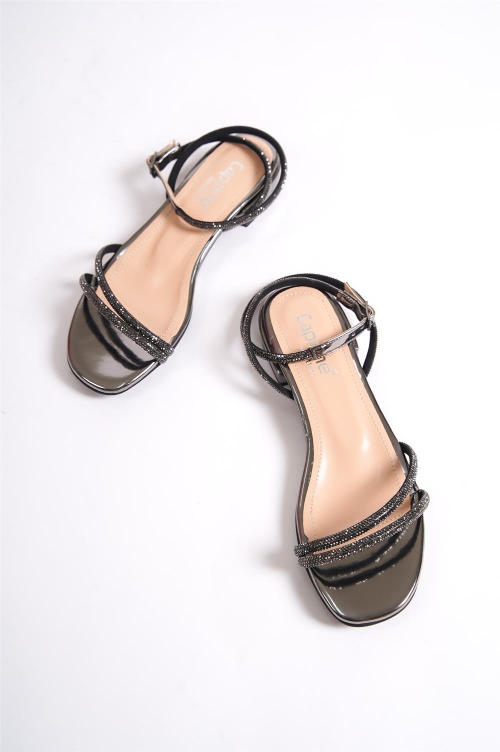 Capone Oval Toe Front Crystal Embellished Two Bands Low Heel Mirror Fabric Woman Sandals