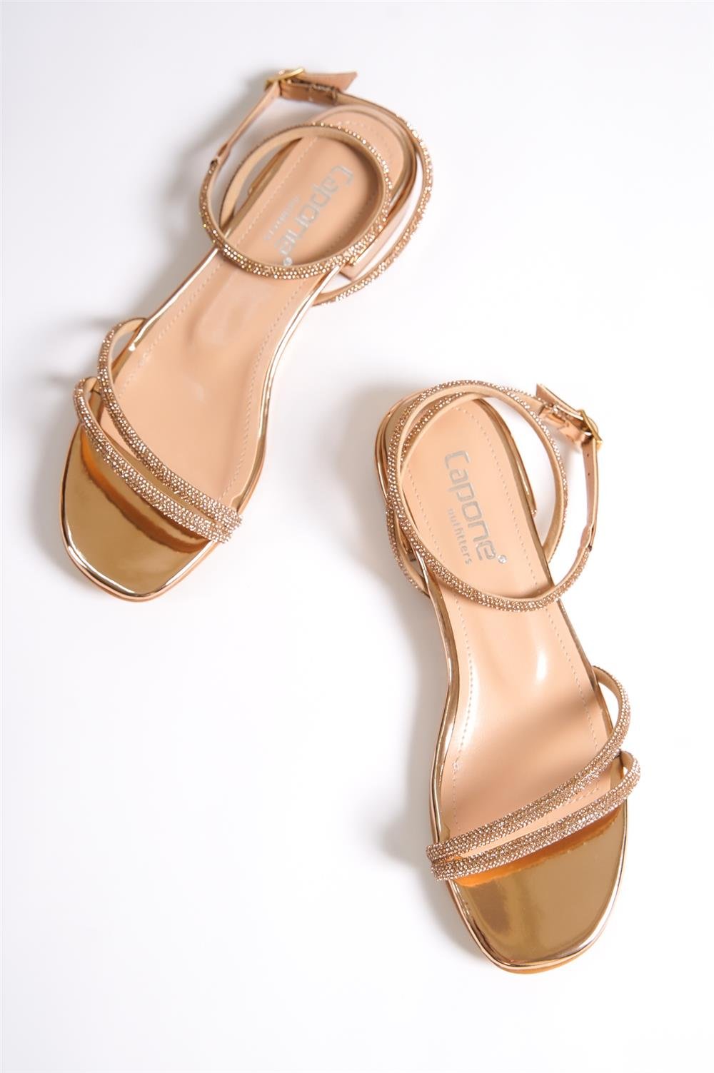 Capone Oval Toe Front Crystal Embellished Two Bands Low Heel Mirror Fabric Woman Sandals