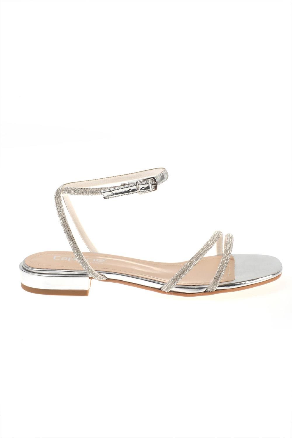 Capone Oval Toe Front Crystal Embellished Two Bands Low Heel Mirror Fabric Woman Sandals
