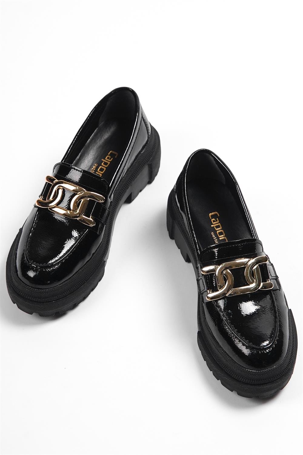 Capone Oval Toe Metal Accessory Track Sole Crinkly Patent Woman Loafer