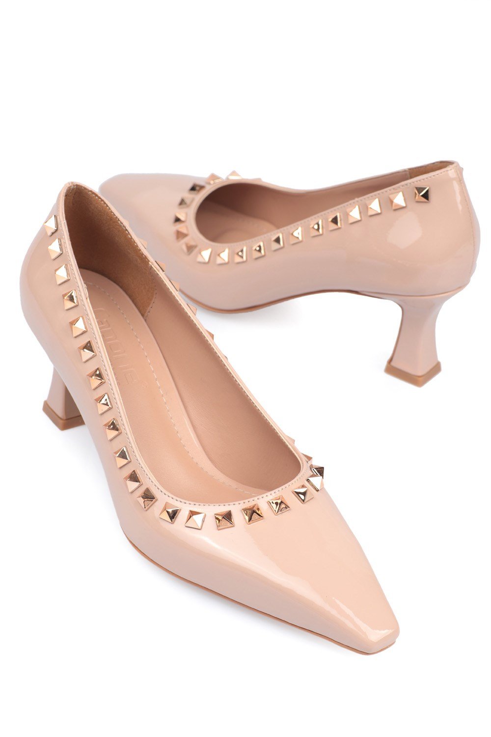 Capone Patent Leather Mid Heel Spike Accessory Women Nude Shoes