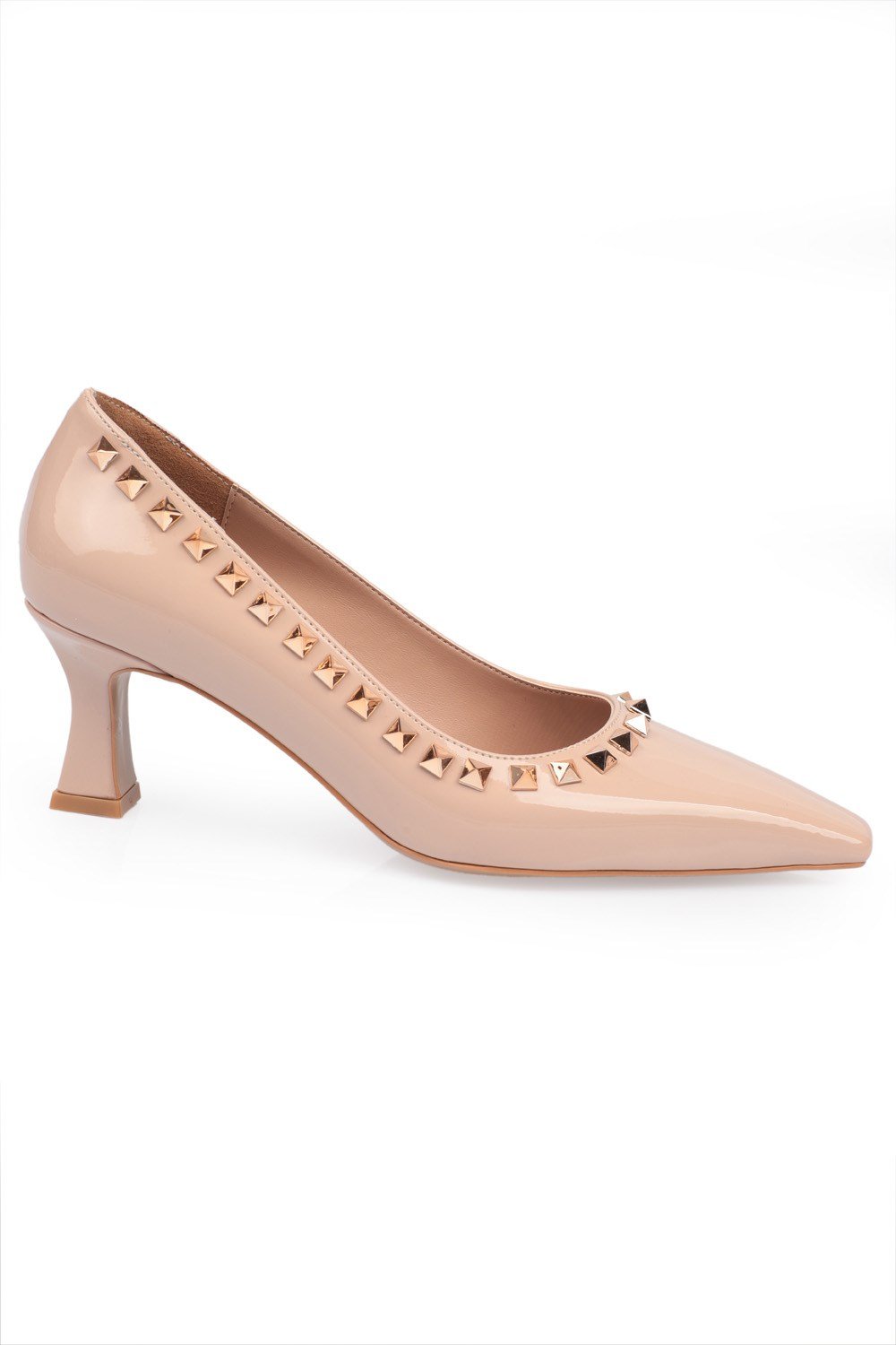 Capone Patent Leather Mid Heel Spike Accessory Women Nude Shoes