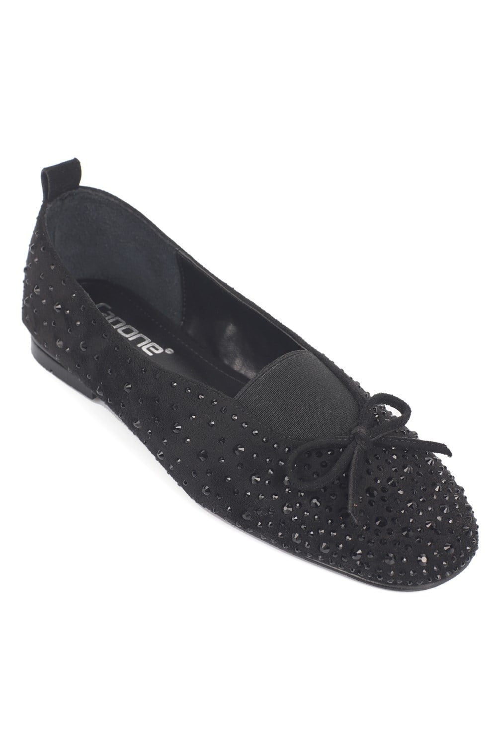 Capone Peggie Suede Look Round Toe Crystal Embellished Women Sued Black Ballet Flat