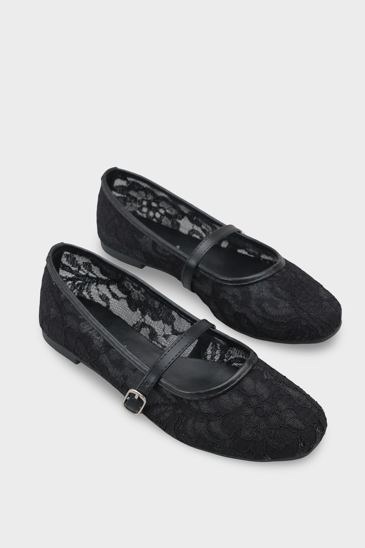 Capone Pennie Lace Mesh Embroidered Women Black Ballet Flat