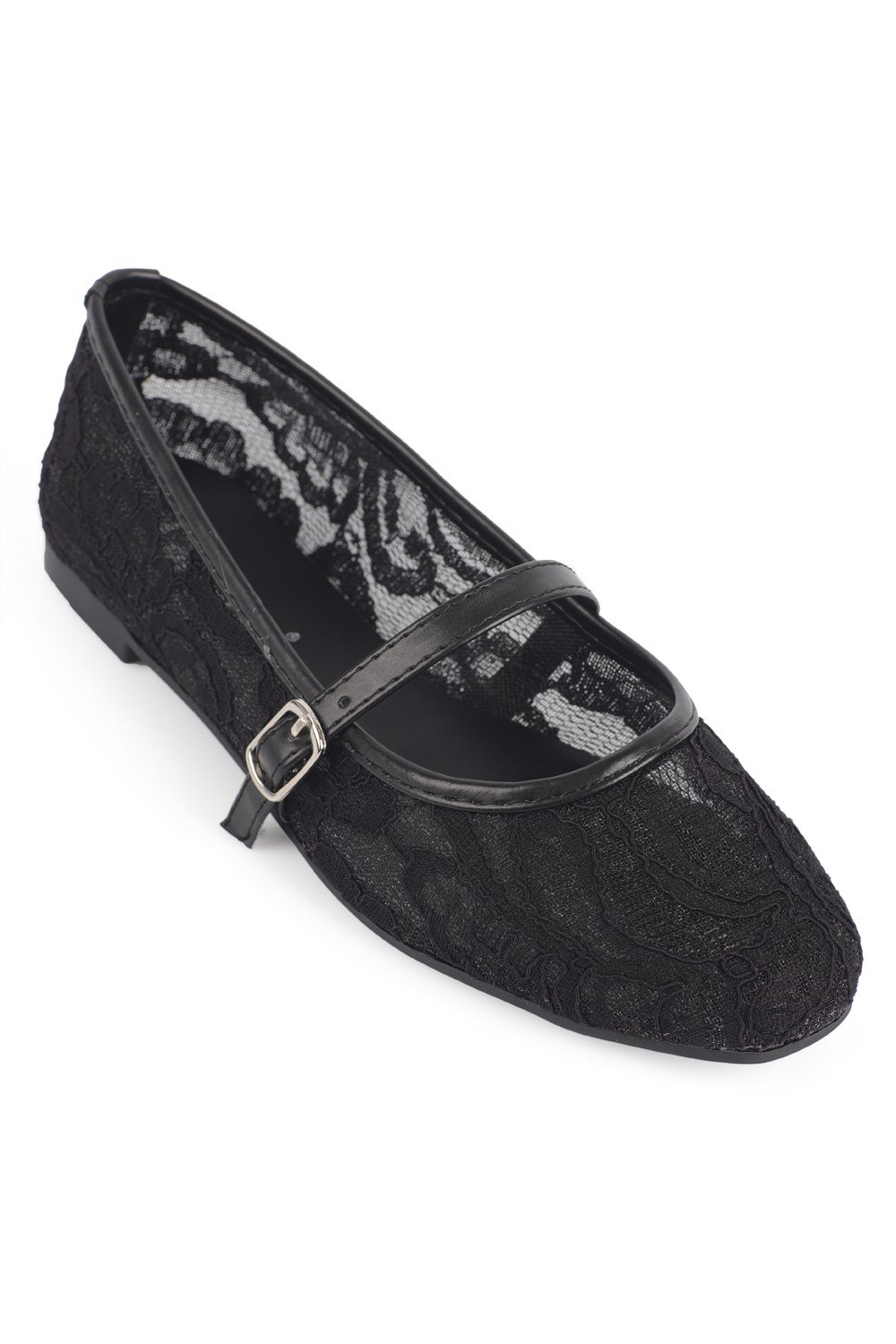 Capone Pennie Lace Mesh Embroidered Women Black Ballet Flat