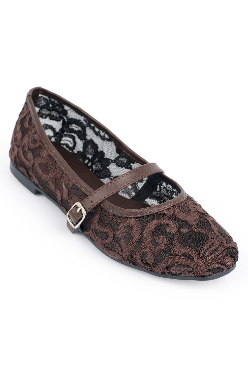 Capone Pennie Lace Mesh Embroidered Women Brown Ballet Flat