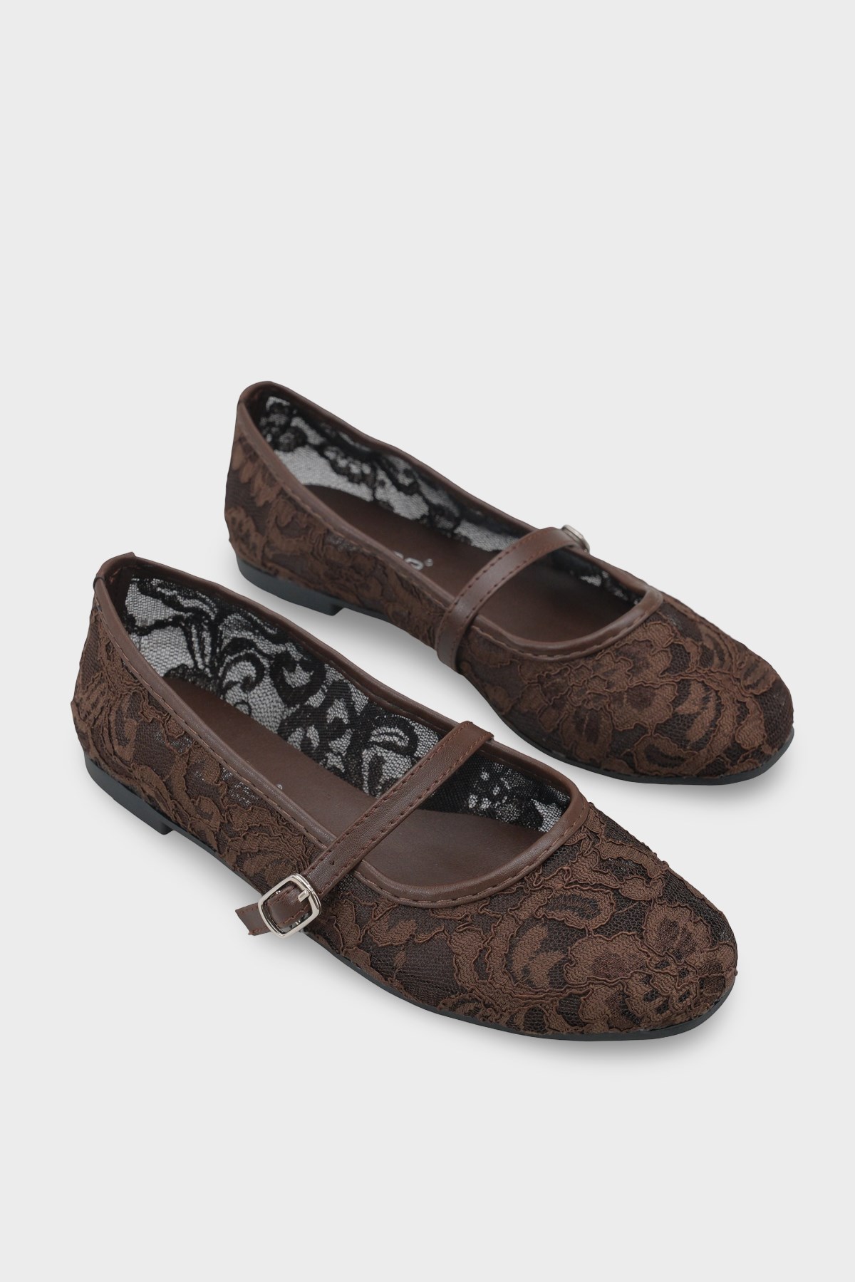 Capone Pennie Lace Mesh Embroidered Women Brown Ballet Flat