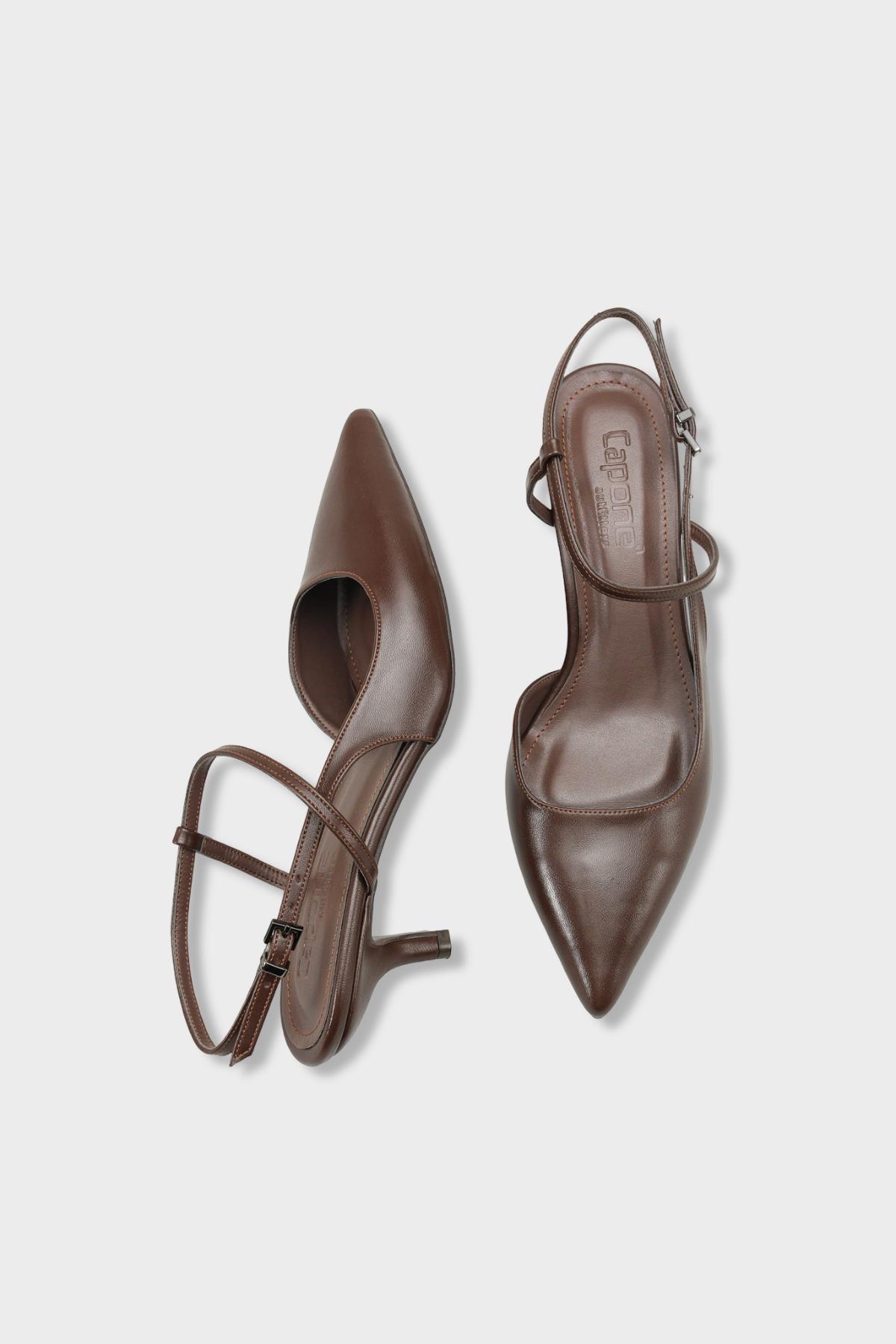 Capone Perla Pointed Toe Mid Heel Ankle Strap Women Brown Shoe