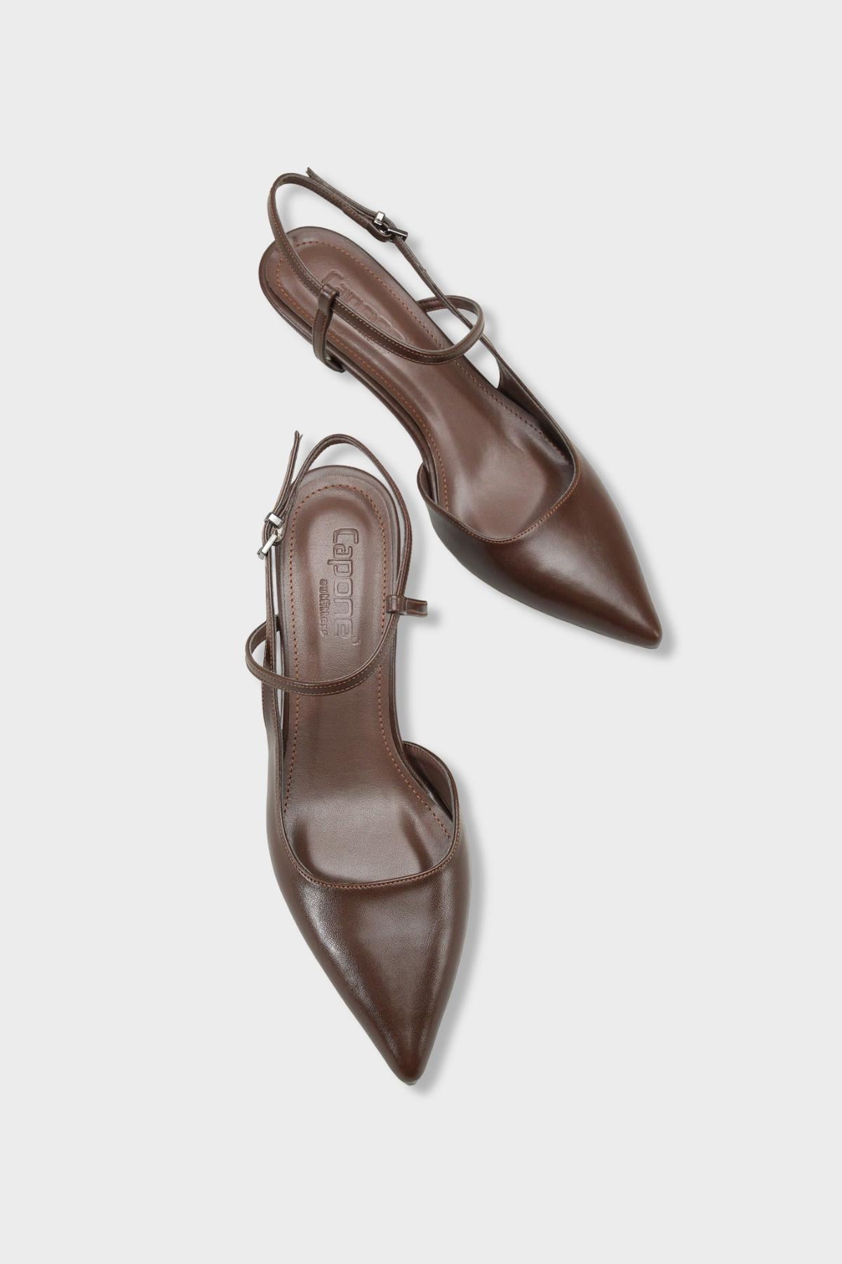 Capone Perla Pointed Toe Mid Heel Ankle Strap Women Brown Shoe