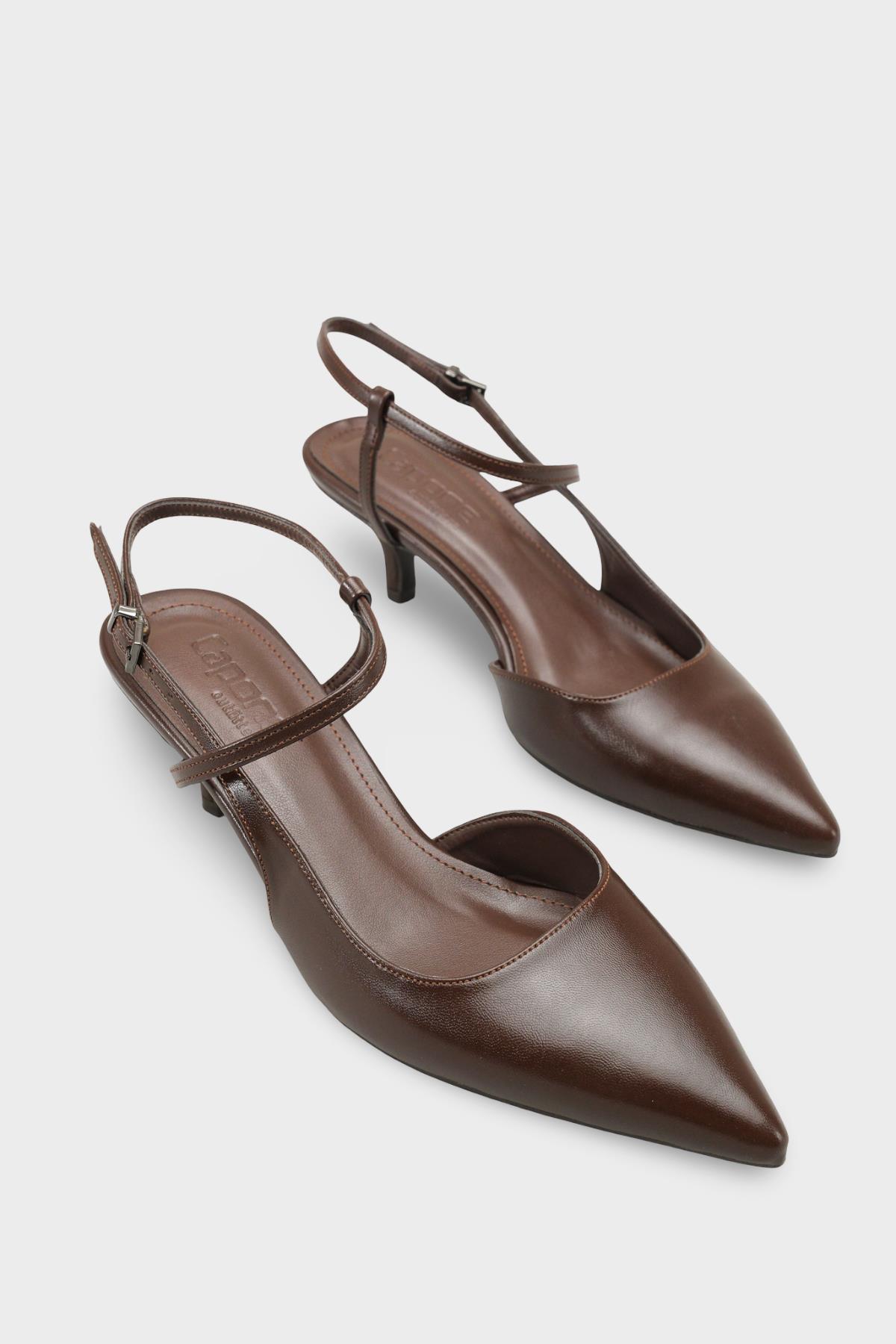 Capone Perla Pointed Toe Mid Heel Ankle Strap Women Brown Shoe
