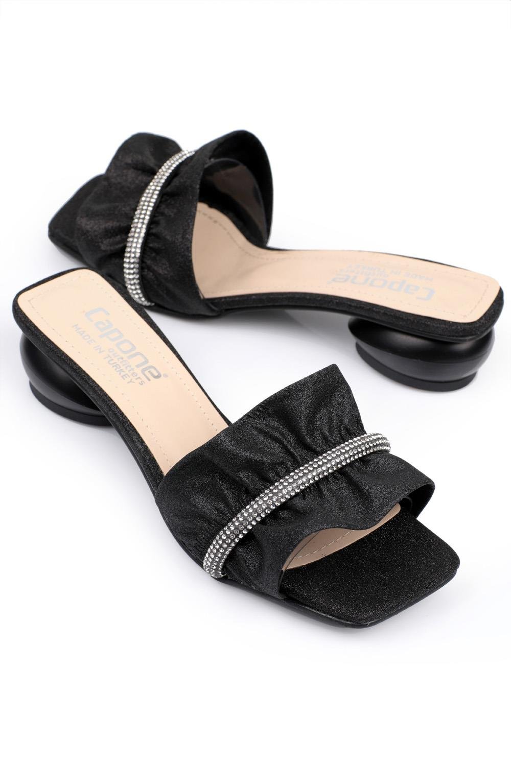 Capone Pleated Crystal Embellished Mid Heel Chic Women Black Sandals
