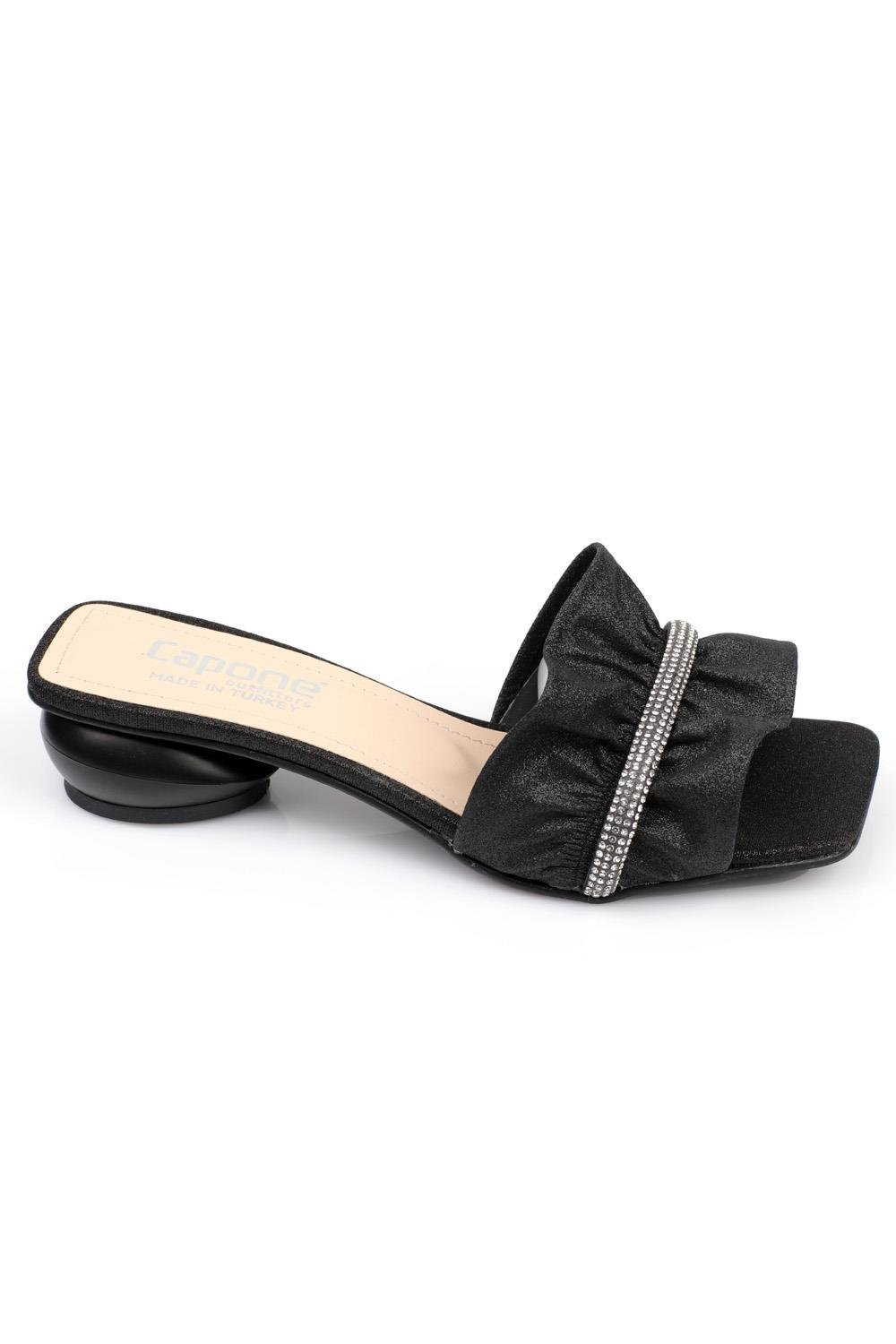 Capone Pleated Crystal Embellished Mid Heel Chic Women Black Sandals