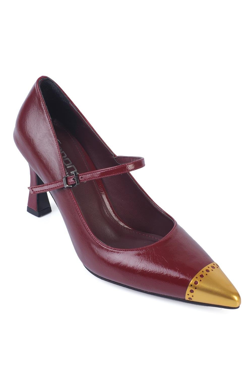 Capone Pointed Metal Toe Faux Patent Women Claret Red Shoes