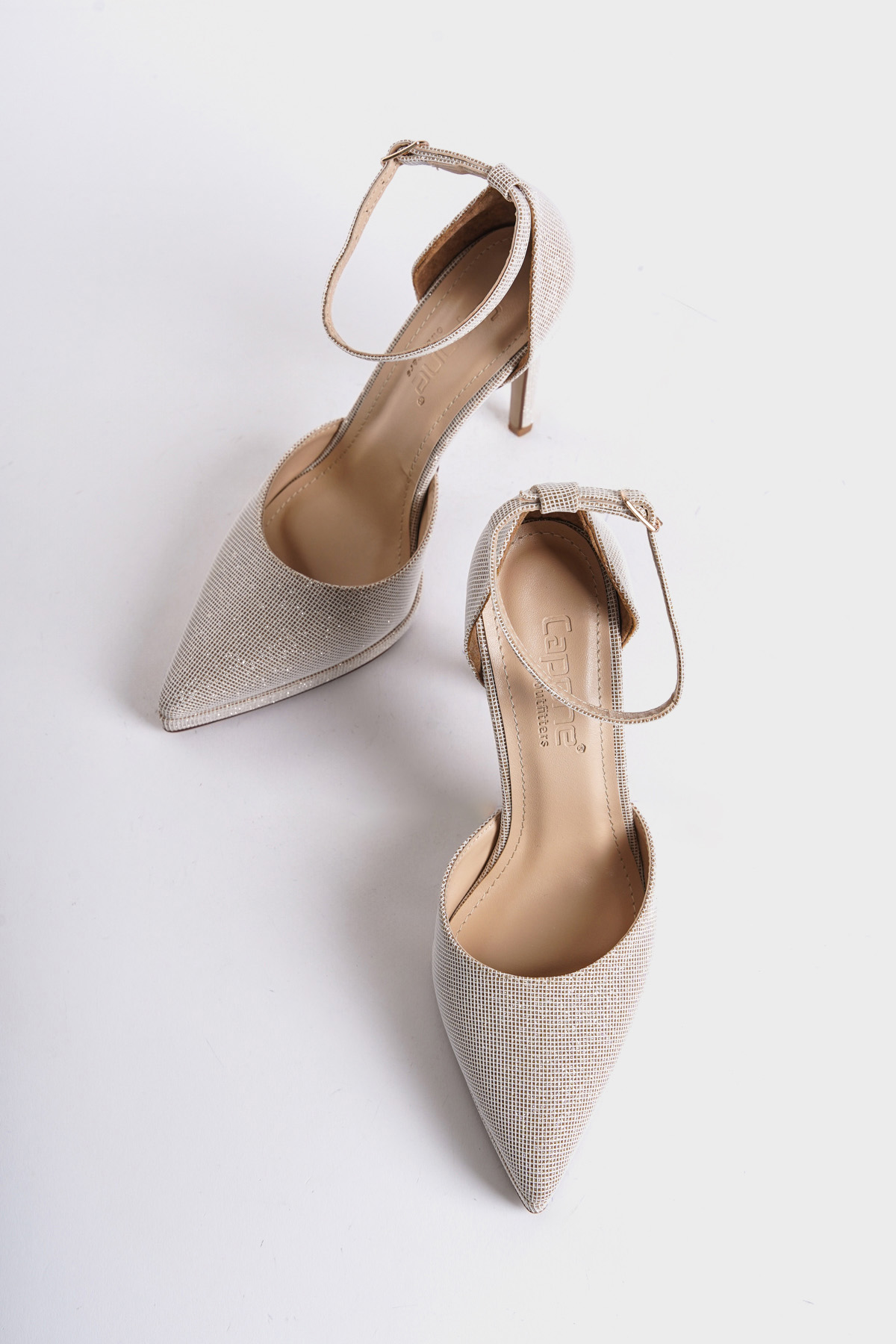 Capone Pointed Toe Ankle Strap High Heeled Glittery Women Gold Platform Shoes