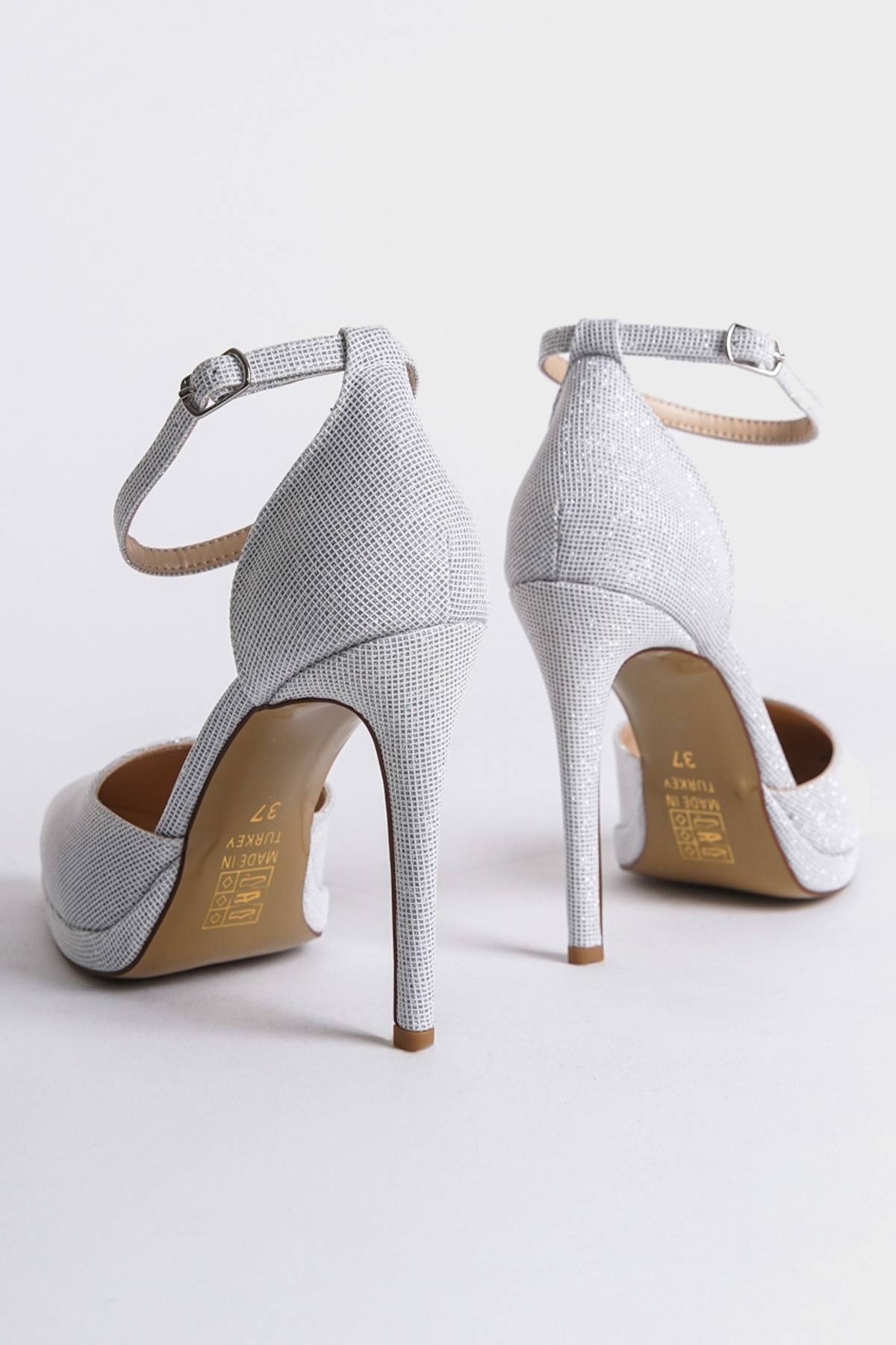 Capone Pointed Toe Ankle Strap High Heeled Glittery Women Silver Platform Shoes